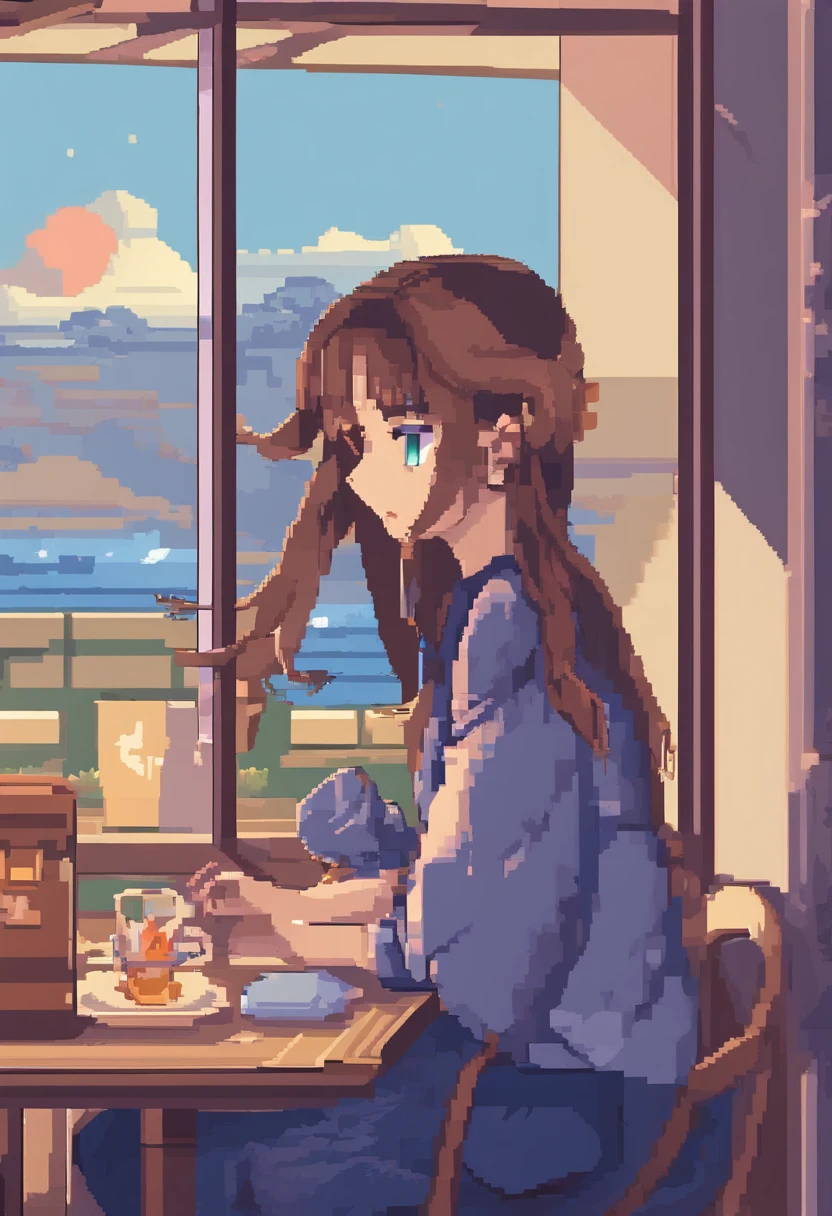 masterpiece, best quality,Reina, 1girl, solo, long hair, window, sitting, indoors, table, sleeves past wrists, cafe, hair bow, head rest, closed mouth, blue sweater, upper body