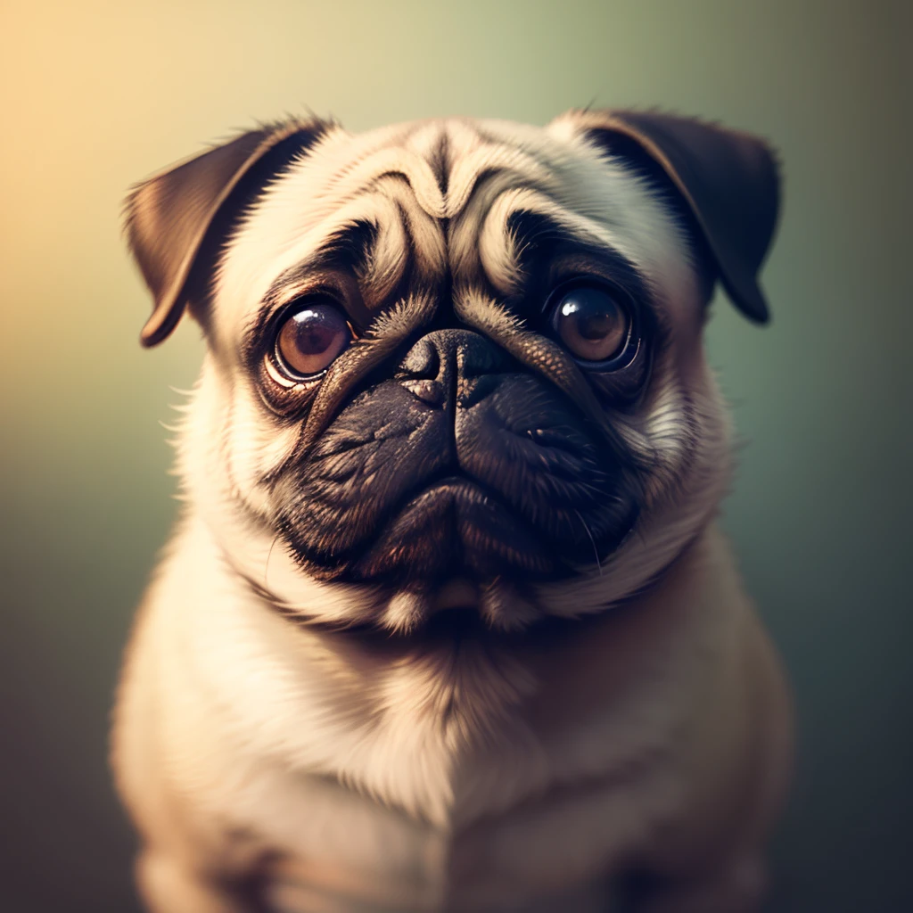 Anthropomorphic pug, lightroom, Cinematic, hdr, primitive, Intricate, hiquality, in pastel shades, Intricate details, Low contrast