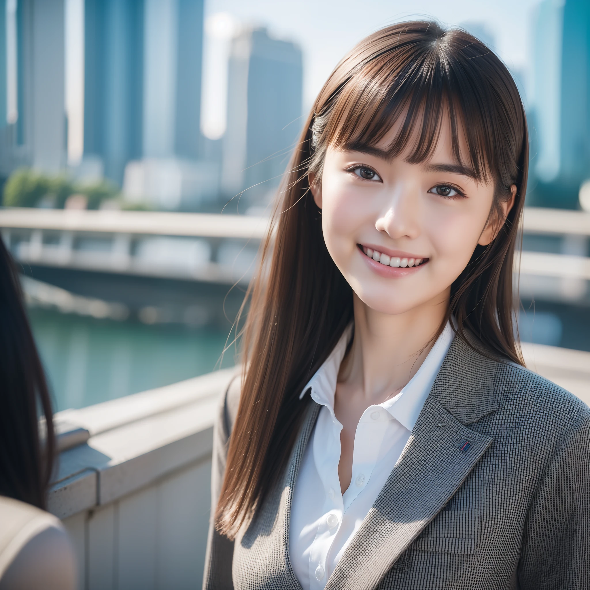 top-quality, masterpiece, (Photorealsitic:1.4), ultra-detailliert, Raw photo, 1girl in, 独奏, A smile, Dressed in a suit, portlate, The upper part of the body, City Background, natural soft light, bokeh dof