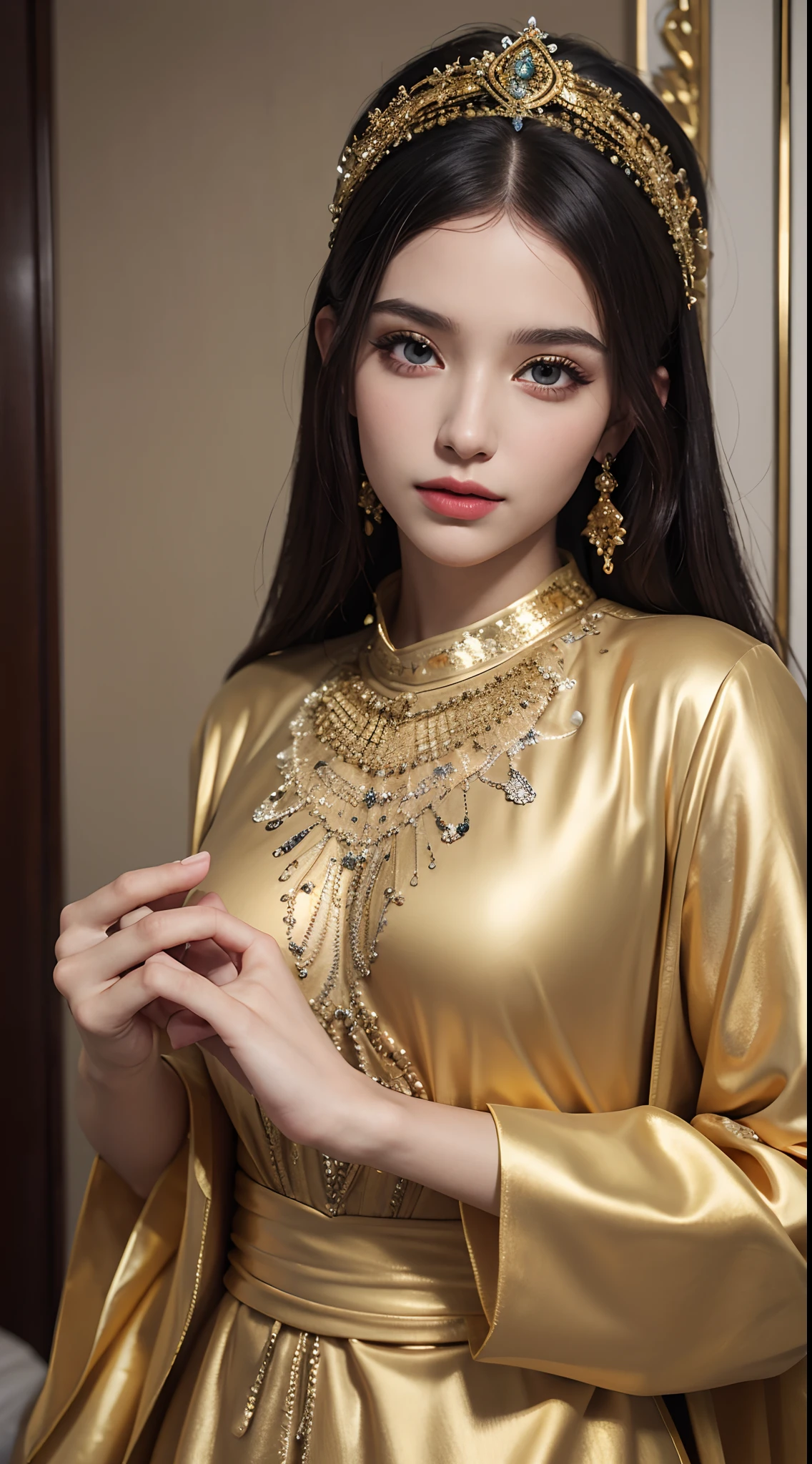 (master piece: 1.3), (8k, photoreallistic, Photo brute, beste-Qualit: 1.4), (1fille), European beautiful face, (realistic face), (cheveux rouge laires, cheveux long 1.3), belle coiffure, realistic crystal bright shining eyes, beautiful detailed eyes brilliant European beauty, (realistic skin), belle peau, (tirer), absurdes, attrayant, ultra highres, ultra realist, highly detailed, Golden Number wearing a Moroccan Islamic caftan outfit half red half white différent angle de vue Epic Legendary perspective shot