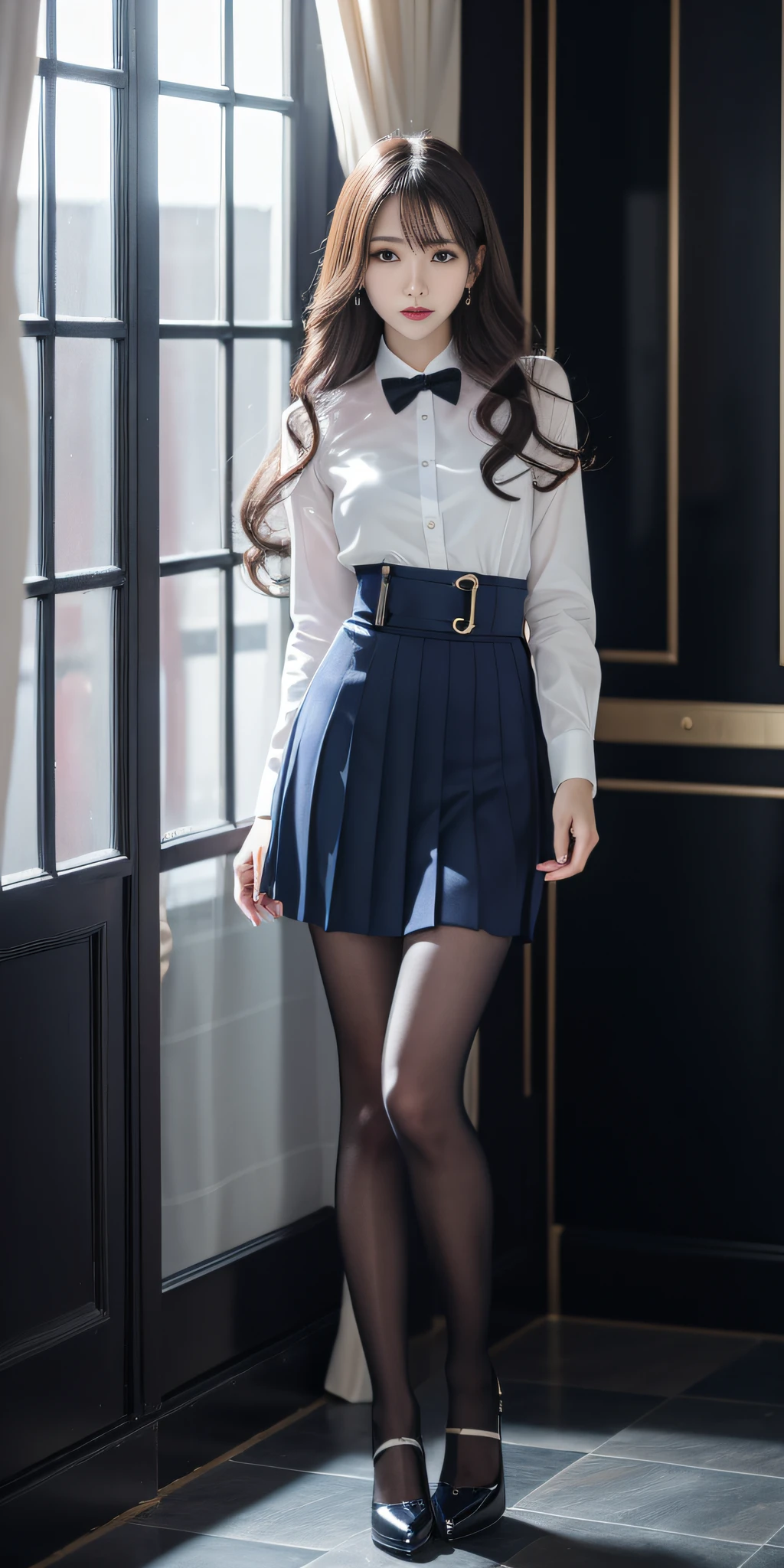 Charming beauties、Officelady、whiteshirt、Navy blue pleated skirt、Purple Pantyhose、Long curls、Black Rose、charming oval face、二重まぶた、Clear eyes、Beautiful thin legs、toned ankles、The ultra -The high-definition、The ultra-detailliert、Elegant standing figure、Create a slender lower body curve、Expressing adult femininity、top-quality、8K、ultra-detailliert、soio、9 head body、Night、Move ki、The Darkness、seductiv、brainwashed、Evil Fall、wicked、darkness