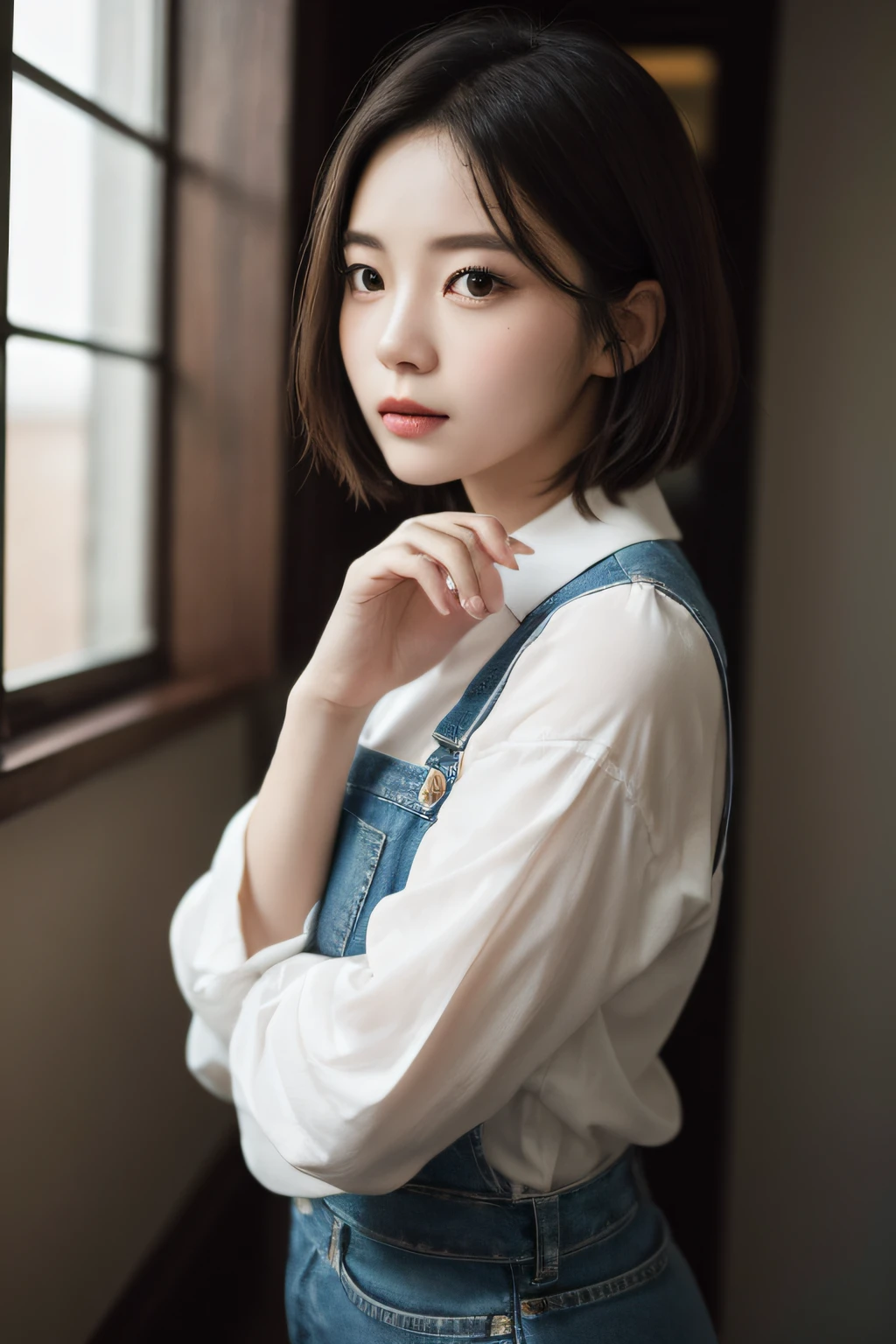 Generate an image of a captivating young woman in a photorealistic style, captured with an 8K resolution, resembling the exquisite beauty of South Korean actress Park Gyu-yeon. She is now dressed in a pair of stylish jeans and a long-sleeved white shirt.
Her features are striking, with large, expressive eyes, a small mouth, and a straight nose that gives her a doll-like appearance. She has a short bob haircut with glossy black hair. The image should emphasize her delicate facial details.
The background is a stark, white-dominated architectural setting. The photograph was taken with a DSLR camera, and the lighting plays with extreme contrasts between light and shadow. She leans her arms on a handrail, gazing into the distance, away from the camera, creating an air of mystery.
The focus should be on capturing her entire body, even though she is not facing the camera. Her hands and feet should be intricately detailed. The white shirt and jeans create a classic and timeless look, enhancing her overall charm.
This image aims to portray a captivating presence with a cute and endearing vibe. The lighting and composition should accentuate her charm and grace against the industrial backdrop.
Please ensure that the final image is in a photorealistic style, emphasizing every detail, from her expressive eyes and face to the intricate features of her hands and feet.
Detailed aside
