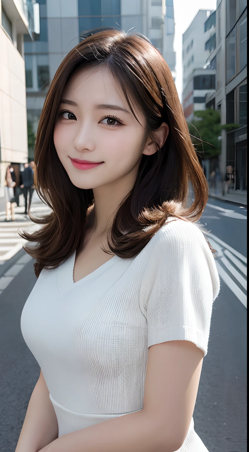 masutepiece, Best Quality, Illustration, Ultra-detailed, finely detail, hight resolution, 8K Wallpaper, Perfect dynamic composition, Beautiful detailed eyes, doress,Medium Hair, mid-chest, Natural Color Lip, Random and sexy poses,Smile,Aoyama Street Walk