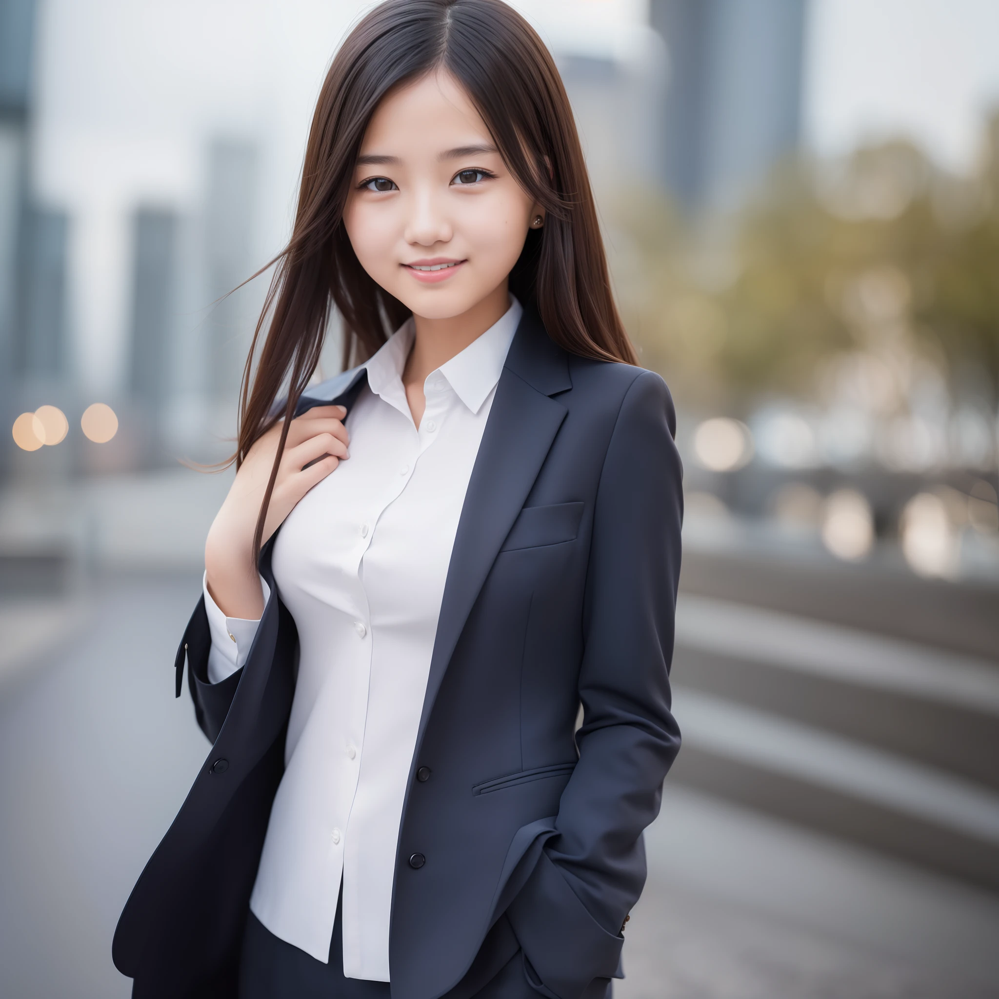 top-quality, ​masterpiece, (Photorealsitic:1.4), ultra-detailliert, Raw photo, 1girl in, 独奏, A smile, Dressed in a suit, portlate, The upper part of the body, City Background, natural soft light, bokeh dof