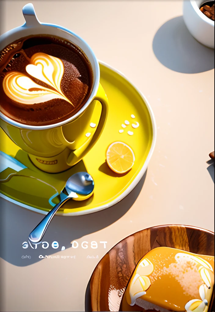 There was a cup of coffee and a plate of food on the table,The plate is yellow, Product photo, kawa, professional product photo, zun, Professional product photography, Product photography, high qualityProduct photography, product image, Official product image, Hot coffee, Coffee machine, coffee mug, product introduction photos, product design shot, caramel, warm, product introduction photos, morning coffee,Innovative product ideas, high qualityProduct photography, Product photography, summer morning light, products shot, Grainy,Hyper-realistic rendering,Vray rendering,Realiy,Hyper-realistic,Realiy,morningglow,Divine sense top light,Cinematic lighting effects,best qualtiy,IF Awards,Yellow desktop,clean and uncluttered,Small Fresh,INS style