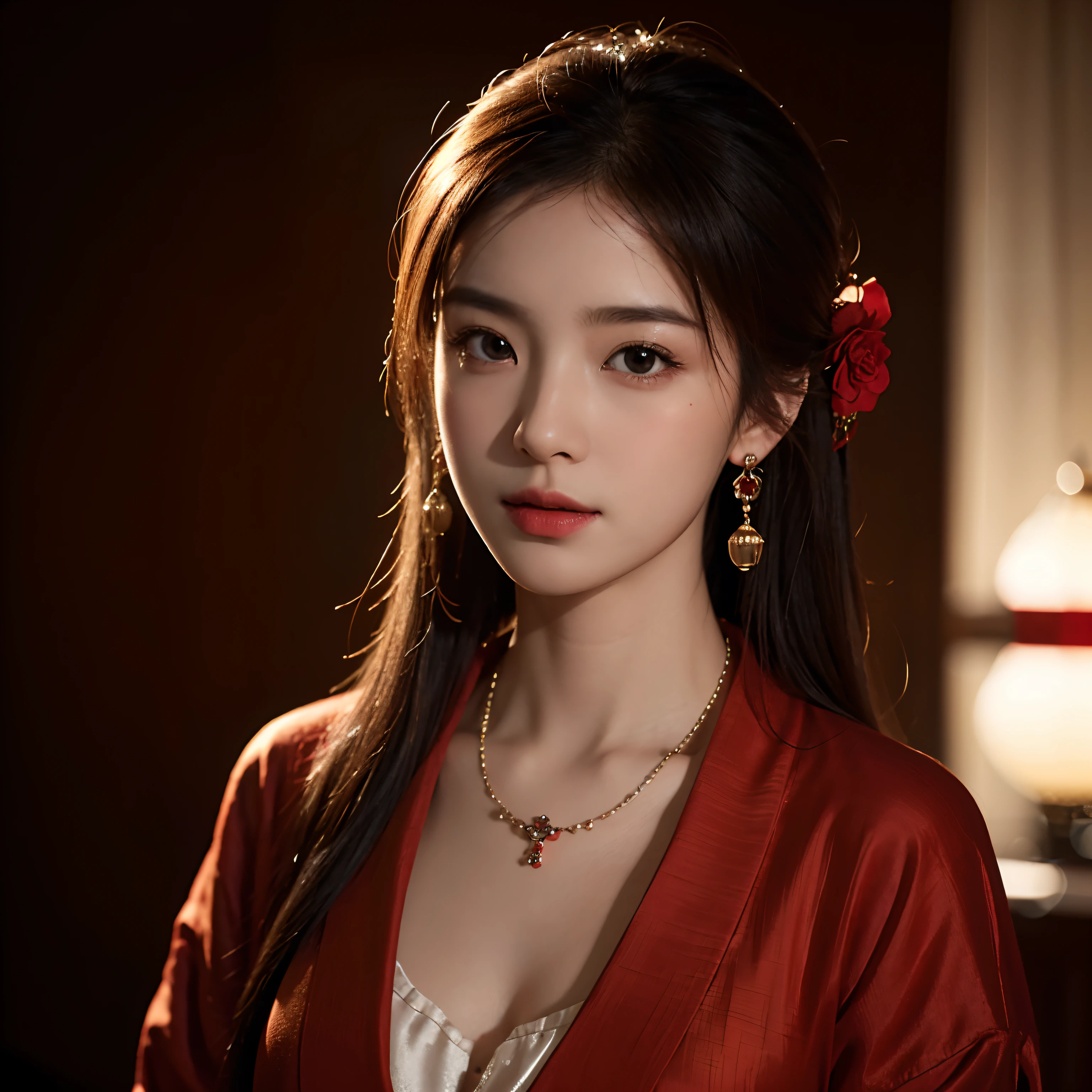 最high quality, masterpiece, High resolution, One girl, Chinese Hanfu,Chinese Architect Background, Red scarf, hair ornaments,necklace, jewelry,Beautiful Face,On top of that_body, Tyndall effect,Realistic, Dark studio, Rim Light, Two-tone lighting,(Skin with attention to detail:1.2), 8k uhd, Digital SLR, Soft lighting, high quality, Volumetric lighting, Frank, photograph, High resolution, 4K, 8k, Bokeh,