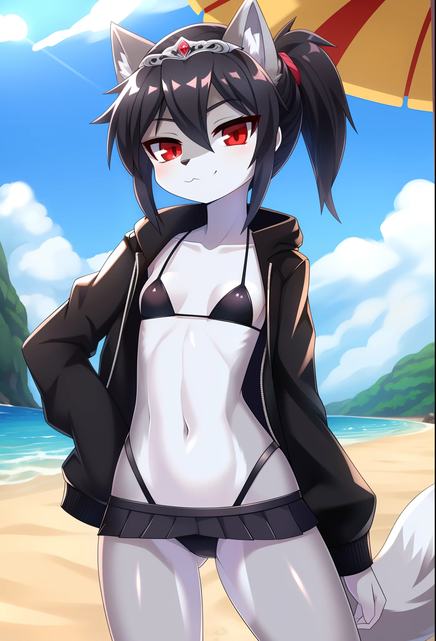 furry girl, young, wolf, black hair, punk hairstyle, long spiky ponytail, anime style, small breasts, red eyes, black hoodie jacket, open clothes, black bikini, black skirt, princess tiara, beach, clear Sky, high quality, detailed body, detailed eyes, detailed face, masterpiece, glistening body, shiny body, detailed body fur, best quality, two tone body, gray fur, clear gray fur, skinny, sassy face, :3, sexy pose,