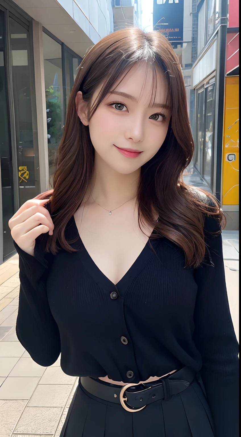 masterpiece, best quality, illustration, ultra-detailed, finely detailed, high resolution, 8K wallpaper, perfect dynamic composition, beautiful detailed eyes, summer blouse setup clothes, medium hair, small breasts, natural color lips, bold sexy poses, smile, Harajuku, 18 years old girl, cute, sexy shot, looking at camera