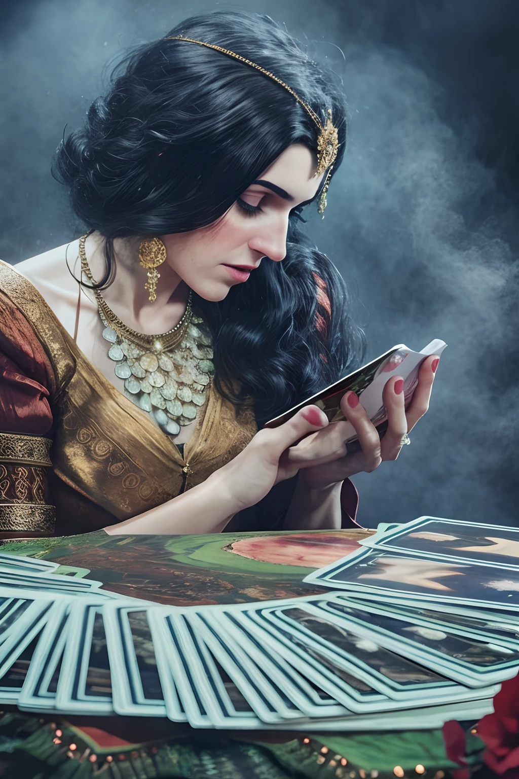 mulher arafed em traje tradicional olhando para uma carta de tarot, adivinho, wizard doing a tarot reading, bruxa pagando por seus pecados, spell casting, as a tarot card, tarot card enviroment, Maya Ali Feiticeira, Tarot cards, Deusa verificando seu telefone, tarot style, spell casting wizard, Maya Ali como um D&d sorcerer His serious, mystery-laden countenance served as a subtle invitation to those who were willing to plunge into the depths of hidden truths and infinite possibilities.
fotorrealista, foto, obra-prima, realista, realismo, fotorrealismo, alto contraste, Trending photorealistic digital art in Artstation 8k HD high definition detailed realistic,  detalhado, textura da pele, hiper detalhado, textura de pele realista, armadura, melhor qualidade, ultra high-resolution, (fotorrealista: 1.4), alta resolução, detalhado, tiro bruto, sharp re, por lee jeffries Nikon D850 Filme Fotografia de Stock 4 Kodak Portra 400 Lente F1.6 Rich Colors Texture Realistic Dramatic Texture Dramatic Lighting Irrealengine Trend at Artstation Cinestill 800