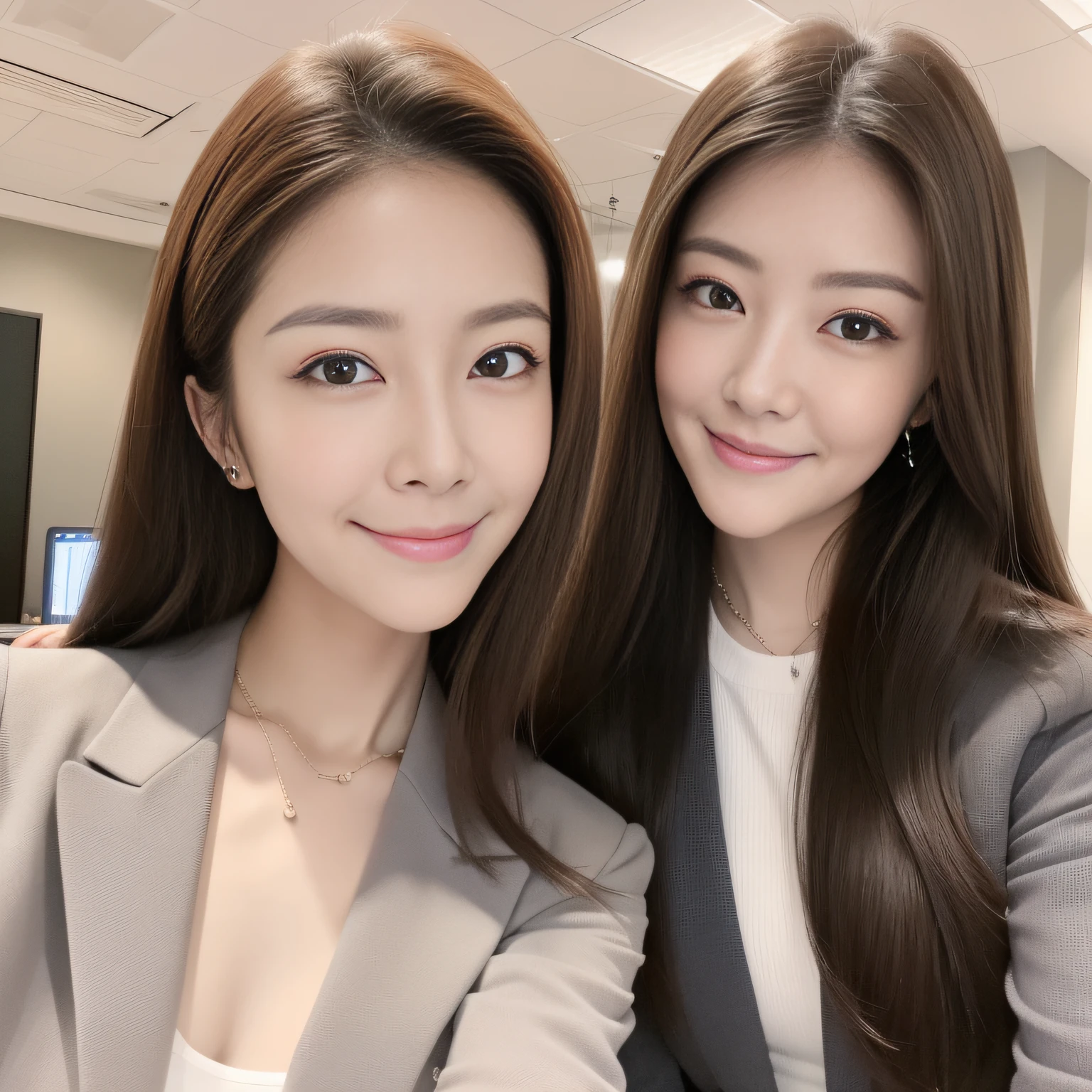 A detailed、qulity、(masuter piece:1.2)、(Photorealsitic:1.2)、(best qualtiy)、(Detailed skin:1.3)、(intricate-detail)、femele、((Korean Beauty))、Brown hair、((30-years old、Adults))、A smile、Looking at the camera、beutiful breast、((Office Casual))、Wearing a gray suit、Gloss、Smart legs、Beautiful eyes、Adult face、Beautiful face、(s Office、workplace), full body