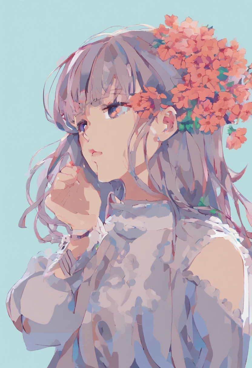 (masterpiece), (best quality), (ultra detailed),(disheveled hair),(illustration), (1girl), (Fashionable clothing), standing, Fashion model, looking at viewer, (interview), (simple background),beautiful detailed eyes, delicate beautiful face, Floating,(high saturation),(colorful splashes),colorful bubble,(shining), focus on face, ponytail, kamisato ayaka, light blue hair, bangs, hair ring, floating flowers, floating hairs, (shining), best lighting, best shadow,