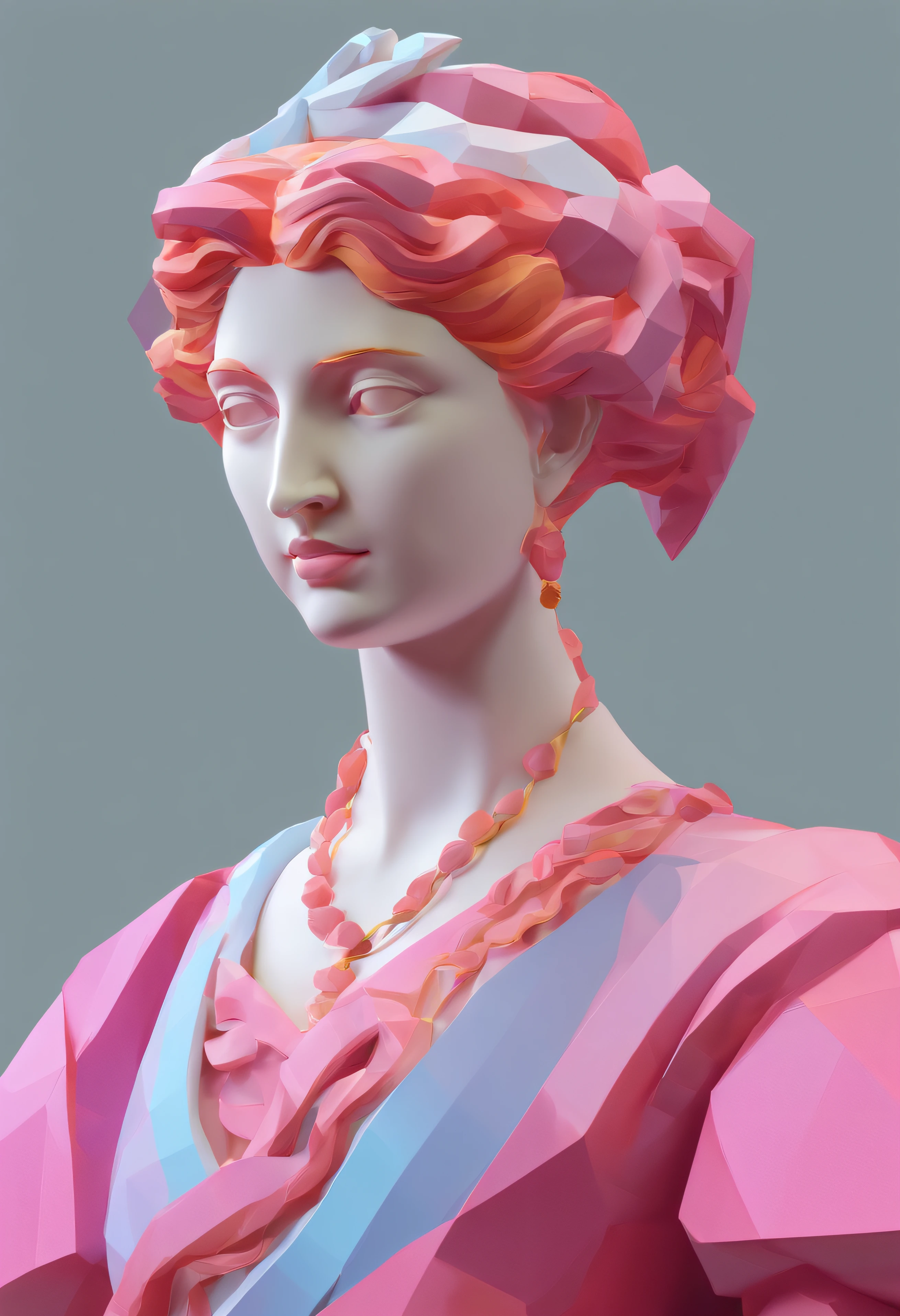Close-up of a statue of a woman, Colorful classical statues, greek godness portrait sculpture, Classical art, bust with a beautiful neck, Escultura Michelangelo, classicism artstyle,Paper cut art style, Neon candy color, Simple, Stylish, Bright.。.。.。.。.3D, Redshift, Arnold renderer, High detail, High quality,Candy color 8K