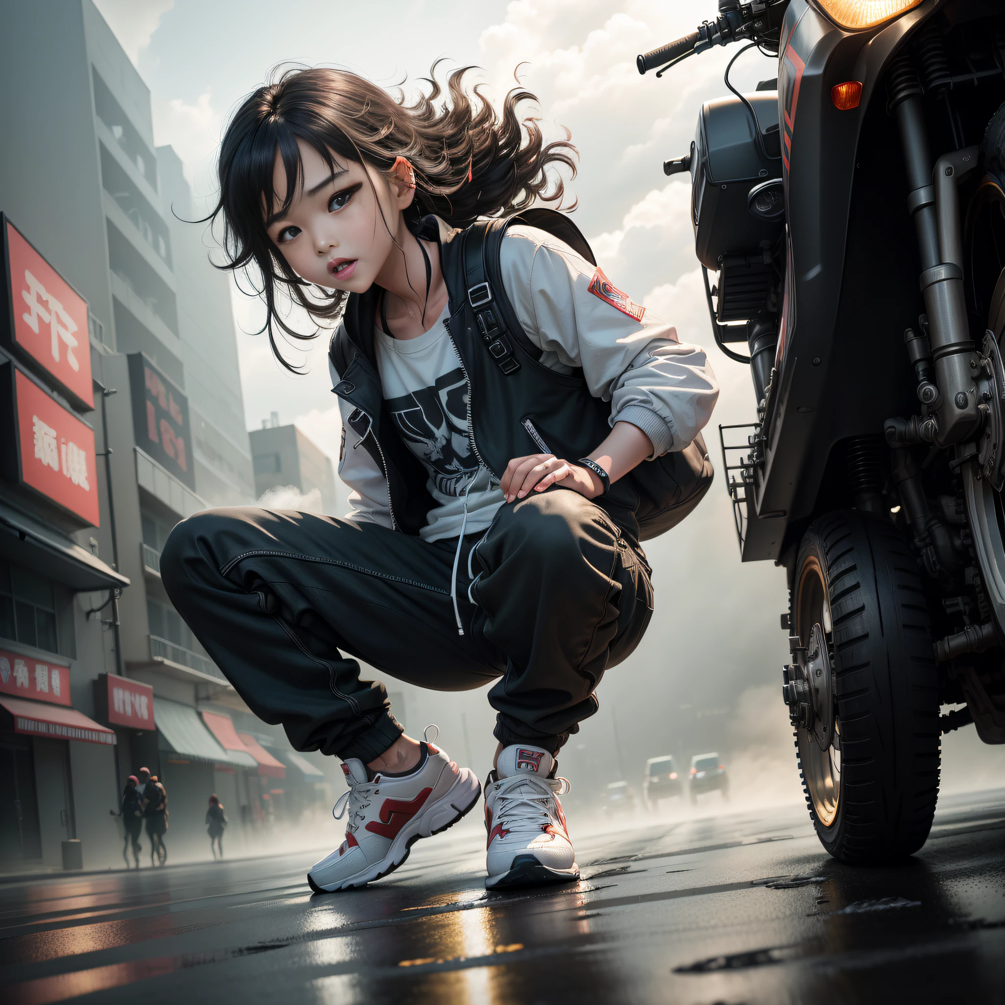 Dance、Artistic jump、break dance、Strenuous movements、vibrancy、Cyberpunk Style、Blade Runner vibe、Steam flows from exhaust outlets on the road surface、The road surface is wet、独奏、Fluttering hair、Cute Baby Turtle、Beautuful Women、a small face、white skinned、hason、young 、Bright smile、Half-open mouth、White teeth are visible、(Gradient of black-red hair、Long messy hair)、(cargo pants、vests、White sneakers)、(delicate detailed fingers、Detailed body、detailed arms、human hand)、(Detailed face) 、(8K、top-quality: 1.4、tmasterpiece、 hyper HD、 Top resolution,、The is very detailed、 profesional lighting、 Gray light illumination、low angle from below、Blow steam into the landscape、Fog in the landscape、Foggy、