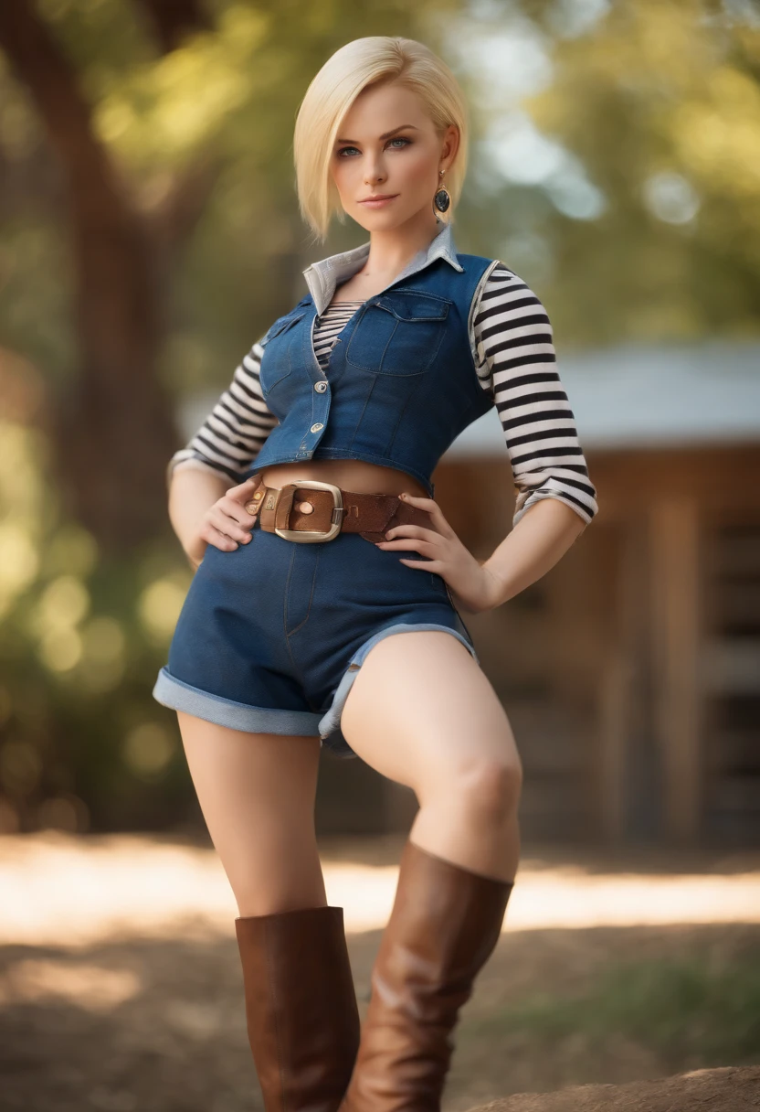 (cowboyshot: 1.2), (ANDROID_18, AND18(dragon ball z), (finely detailed beautiful eyes and detailed face), (face through thigh: 1.4), (knee shot: 1.2), blonde hair, solo, lady, (beautiful background), :), dynamic angle, blue eyes, light face, sunlight, (bright face: 1.2), very wide hips, very thick thighs, full body shot, solo, blonde hair,  blue eyes, short hair, earrings, jewelry, denim vest, open vest, (black shirt), denim skirt, (long striped sleeves), blue skirt, brown cowboy boots