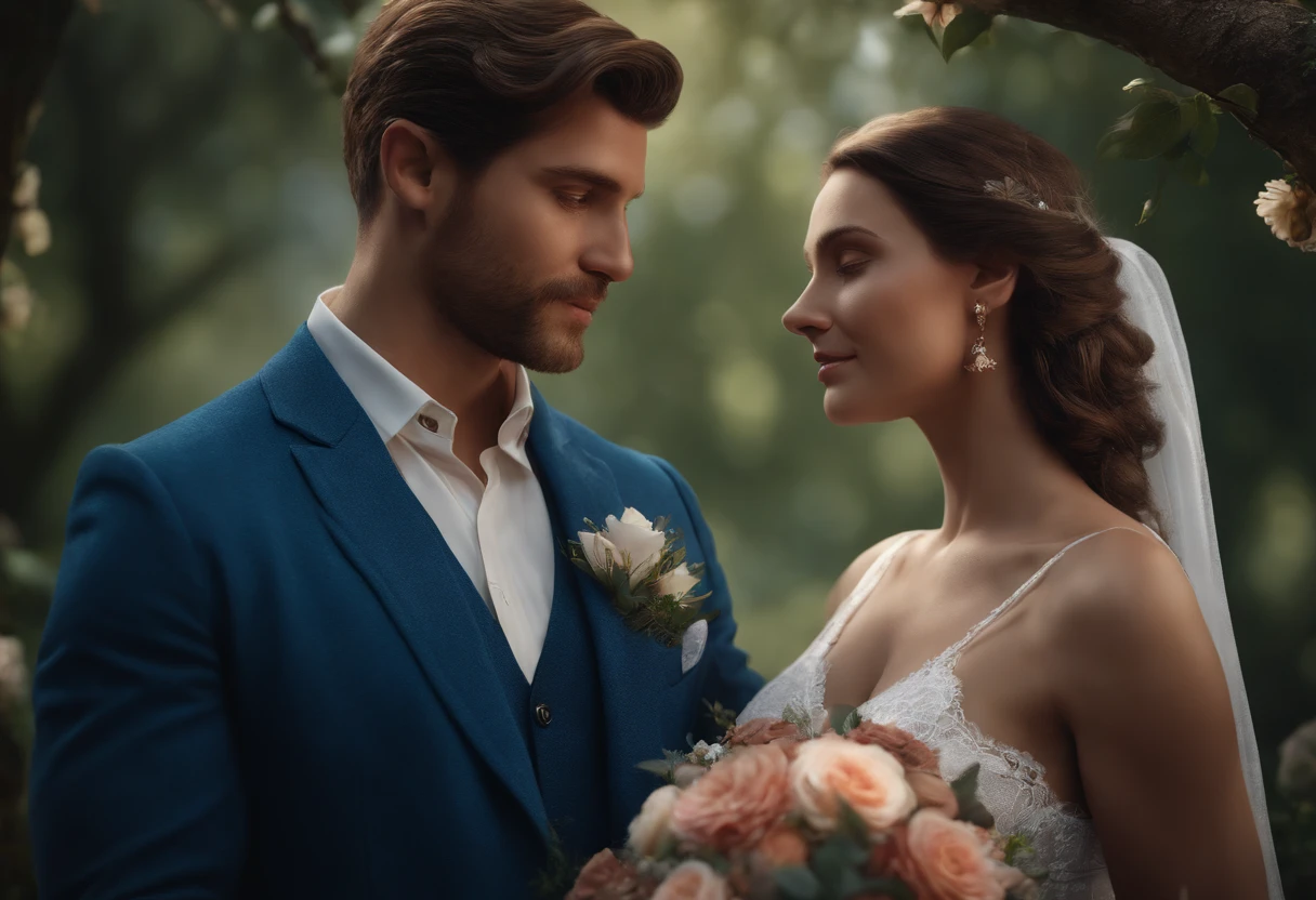 25 YEAR OLD MAN AND PREGNANT WIFE, FAMILY, LOVE, ROMANCE, ROMANTIC, FLOWERS, NATURE, TREES, 8K, detailed matte painting, deep color, fantastical, intricate detail, splash screen, complementary colors, fantasy concept art, 8k resolution trending on Artstation Unreal Engine 5", 8K, CAUCASIAN, BLUE EYES, Italy