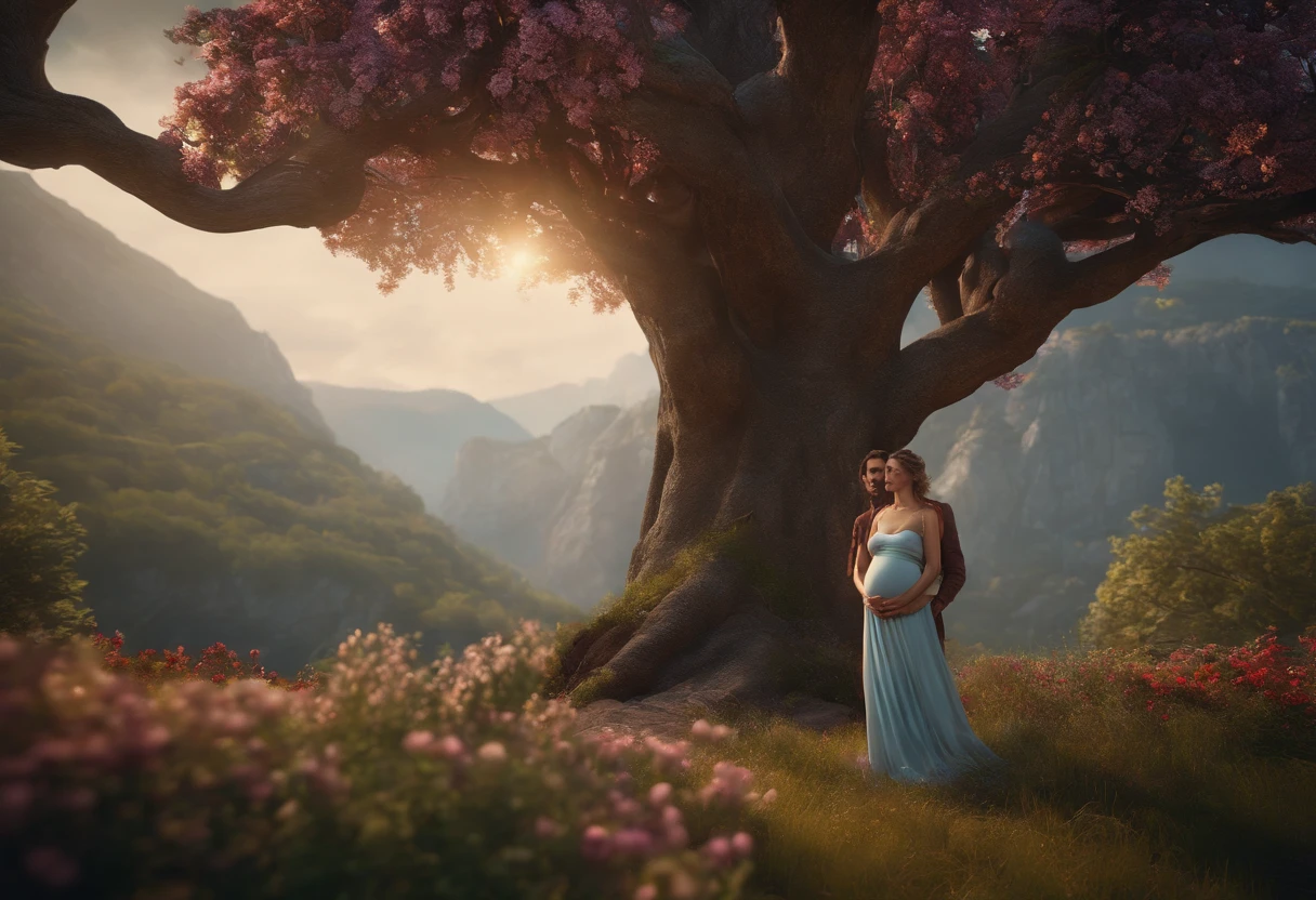25 YEAR OLD MAN AND PREGNANT WIFE, FAMILY, LOVE, ROMANCE, ROMANTIC, FLOWERS, NATURE, TREES, 8K, detailed matte painting, deep color, fantastical, intricate detail, splash screen, complementary colors, fantasy concept art, 8k resolution trending on Artstation Unreal Engine 5", 8K, CAUCASIAN, BLUE EYES, Italy