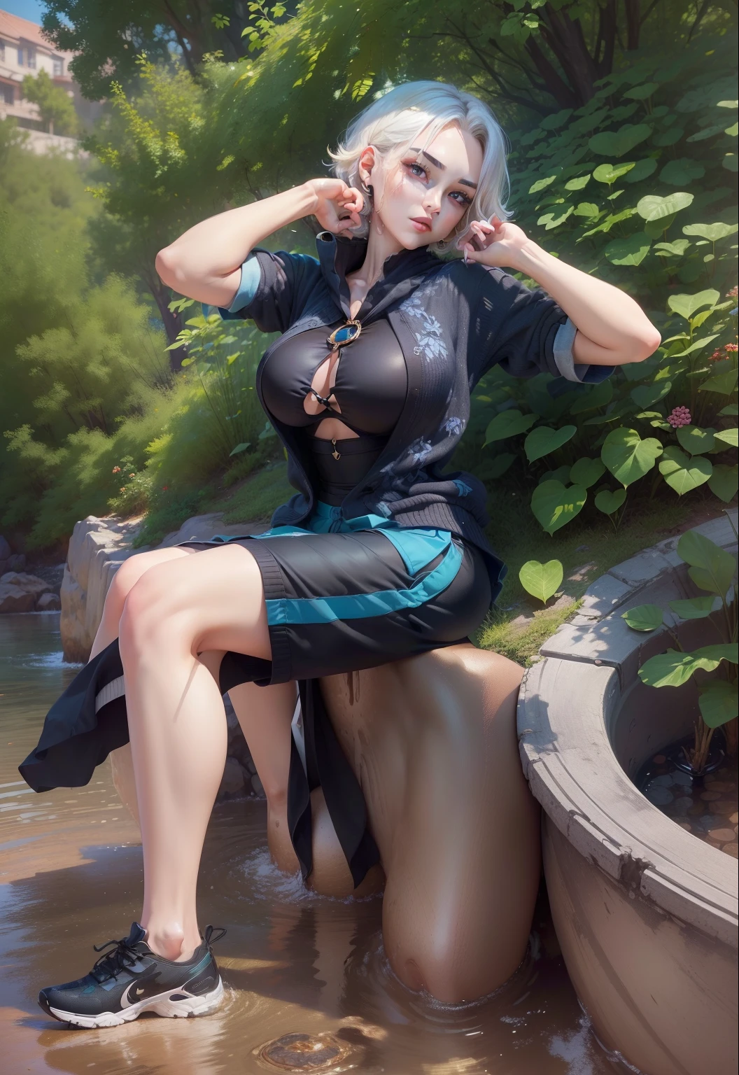 ((Best quality, 8k, Masterpiece :1.3)), 1girl, Pretty woman with slender abs :1.3, (Medium-short hair, Huge breasts :1.2), Cardigan :1.1, Ultra-detailed face, Detailed eyes, Double eyelid