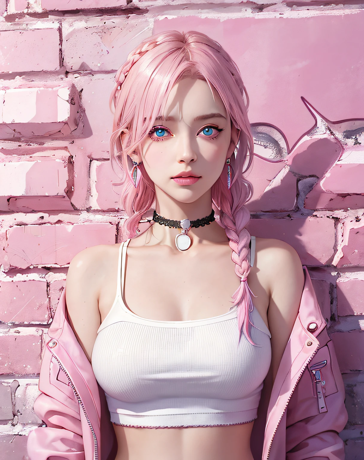 young woman, short shoulder-length pink hair, wide forehead, porcelain skin, pink eyebrows, big emerald green eyes, buttoned nose, full lips, heart-shaped face, slender body, small breasts, red tank top, Sakura Haruno , realistic, realism, details, 3d, well detailed