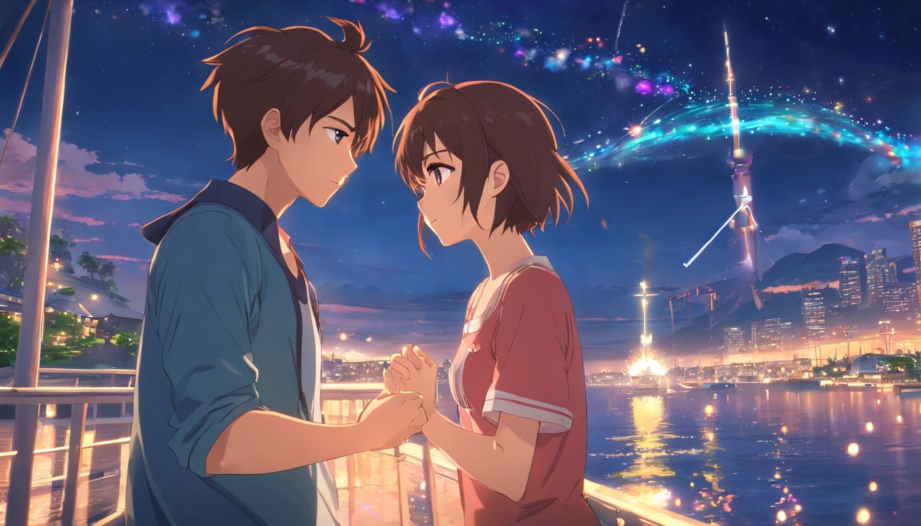 Romantic couple kissing in the wind,Boys and girls,glowing stars,Glow effects,Heart-shaped bubbles,the night,On a cruise ship,The face is clear and accurate,detail in face,super-fine,beachside,16K resolution,high qulity,电影灯光,High picture detail,dynamic viewing angle,Detailed pubic hair,Epic shooting,oc rendered