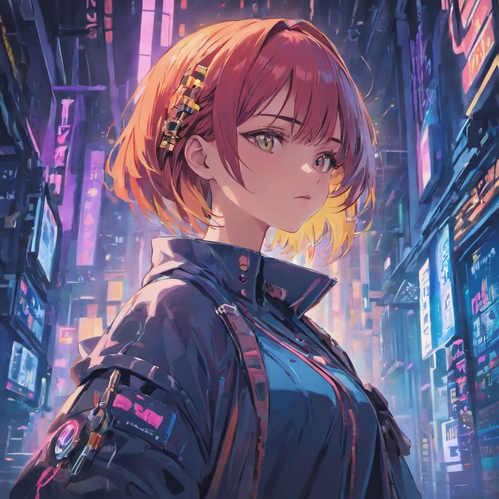 (High quality), Very cool girl in cyberpunk intricate streetwear, Beautiful, Detailed portrait, intricate complexity, 4 k'', Beautiful, cinematic dramatic atmosphere, Sharp focus