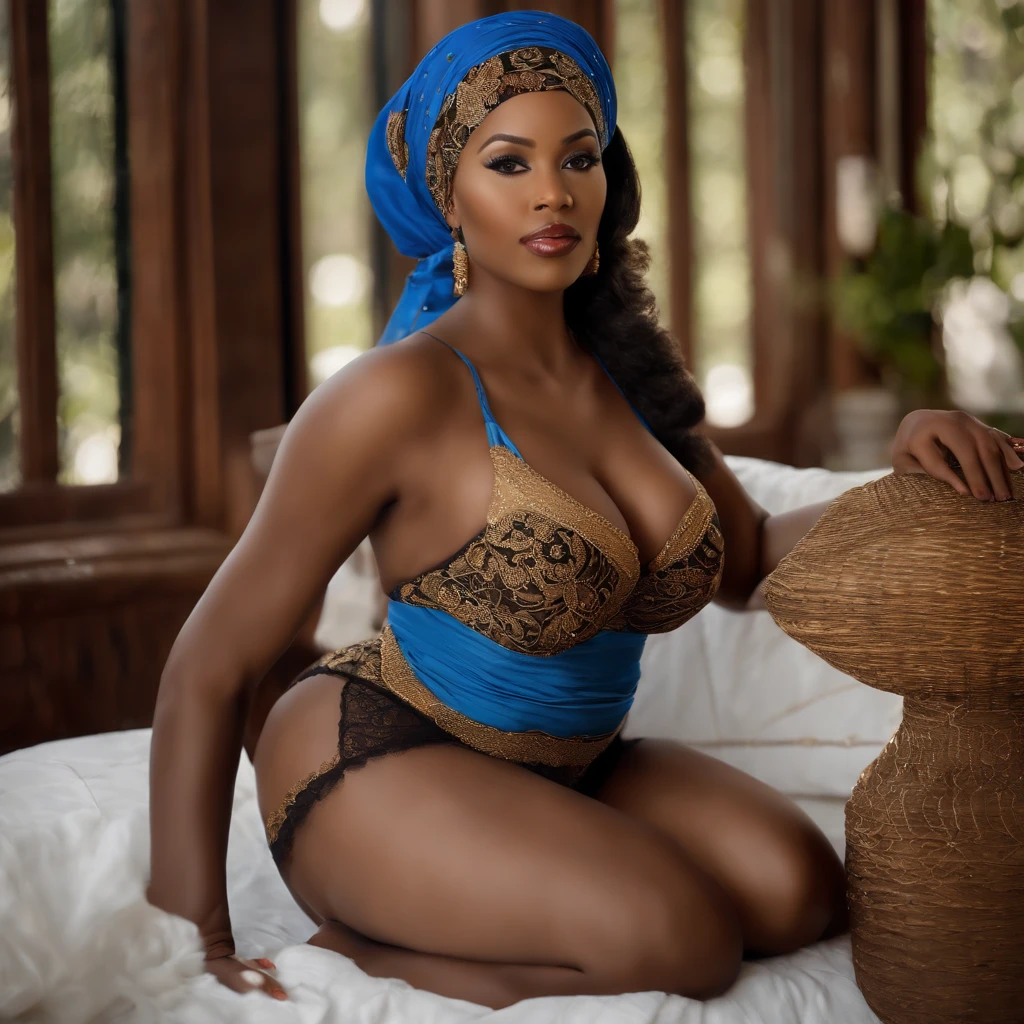 (Beauty shot:1.3) photo of a beautiful 60 jears old black woman, with a blue head scarf, wearing kente dress, Female,black female, Solo, Huge Breasts, Glamour, Realistic Skin, Realistic Face, Wild, Bossy, Cradle, Crouching, Spread Legs, (Sexy Lingerie ), black lingerie, (see-through lingerie), lace lingerie, (breasts and vaginal lips are visible through underwear: 1.5), and areolas are clearly visible: 1.3), short caramel-colored hair , excited, provocative, ecstasy(beautiful detailed eyes), (best quality), (super detailed), (masterpiece), (wallpaper), (detailed face), solo, (dynamic pose), 1 , 60 jears old black woman,black wavy hair on the chair, , heterochromic eyes, small moles under the eyes, ((short apron)), medium breasts, long legs, tightens abs, (camel toes), (), (no bra),(ultra full hd), (extremely highly detaild), (award winning masterpiece).64k)), by ray dozy