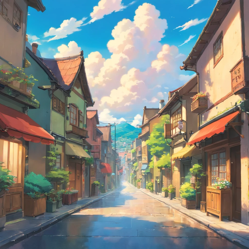 Beautiful street,Sunnyday,It just finished raining,Sky clouds