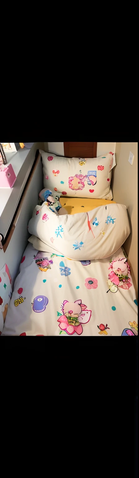 There was a bed with Hello Kitty quilt and pillows, bed is not made, small bed not made, Bed, taken with sony alpha 9, taken with a Sony A7R camera, bed on the right, taken with canon 8 0 d, Detailed!!, 8K)), High detail!!, komono, cozy bed