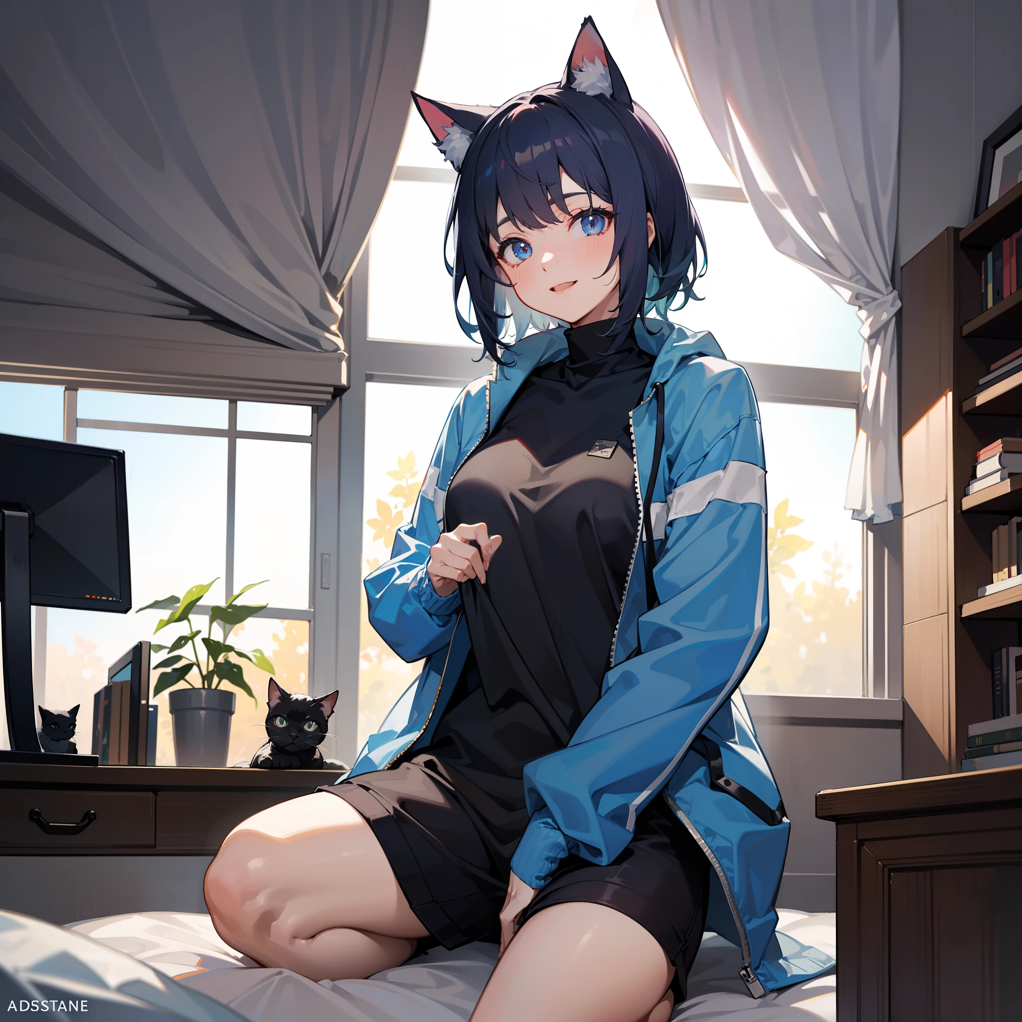 1girl, short gray hair, blue eyes, cat ears, happy face, wearing sci-fi clothes,sit on gaming bedroom, beautiful girl hand, absurdres, high res, ultrasharp, 8K, masterpiece, looking at viewer