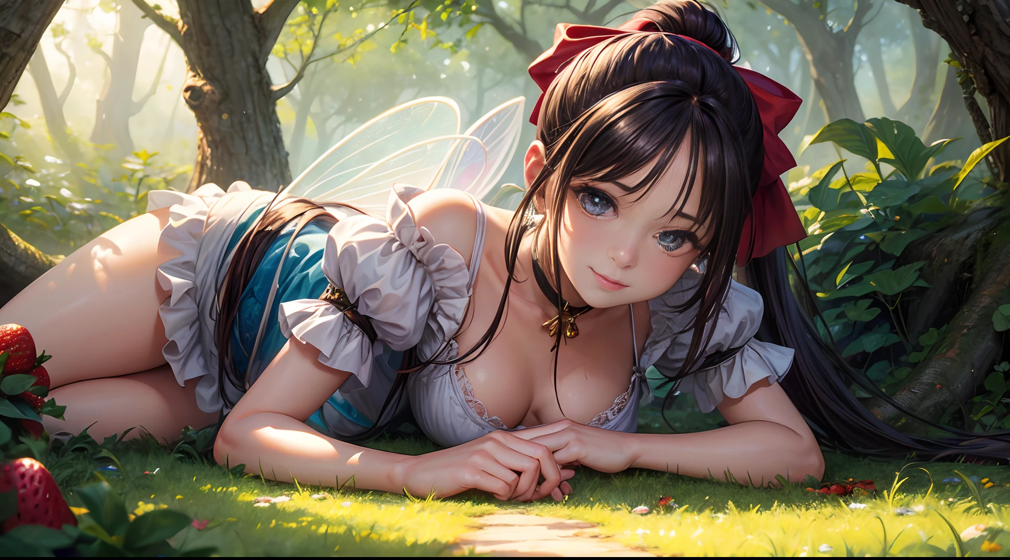 ( Absurd, High quality, ultra-detailed, masterpiece, concept art, smooth, highly detailed artwork, hyper-realistic painting ) , tiny little girl, Strawberries, cute, whole body, Romantic, Vivid, dreamy, fantasy, fairy wings, in the forest, enchanting glow, very detailed art, reveal clothes, sexy lace underwear,  transrarrent clothnes, perky niples,  deep eyes, ponytail, big ponytail bow, playful, mischievousб smile