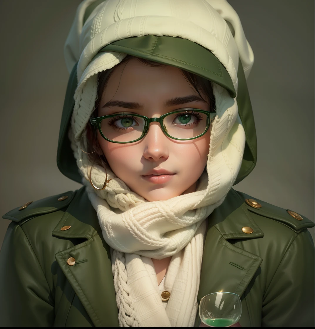Beautiful girl wearing green jacket and white scarf front close up, aged 17, with glasses,