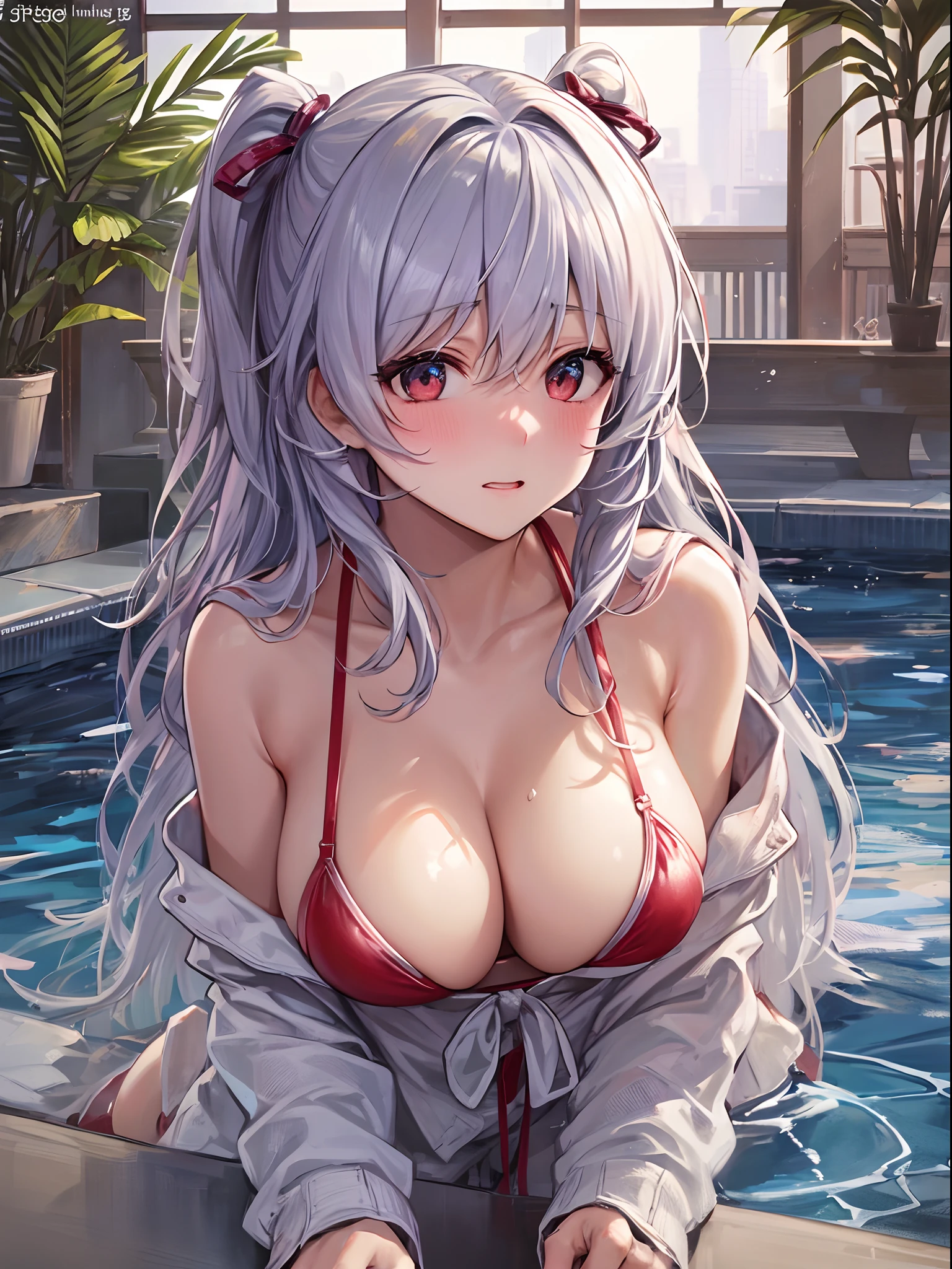 Best Quality, ultra-detailliert, Illustration, silber hair, Aimei,The long-haired,cute face,beutiful breast,turned around,Close,Angle to show off breasts,finely detail,Perfect fingers,long-sleeve,leaning down,red blush,embarrassed from,Bring your face closer,One-person viewpoint,The bikini,frilld,swimming pools,Hanging udder,bending forward,Exposed skin