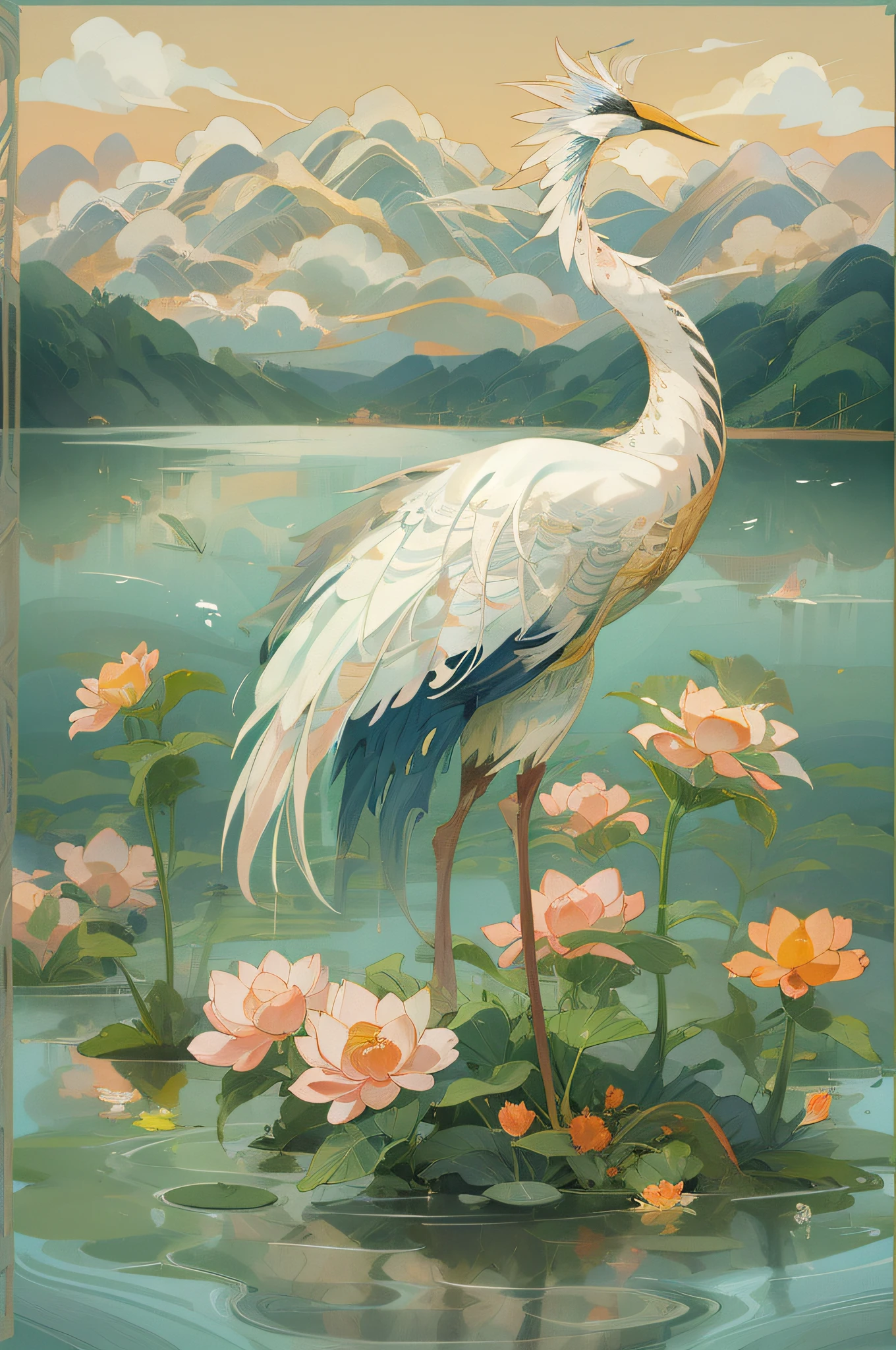 (Masterpiece, Best quality:1.3),Sun,Cloud,A crane,standing, Lake,Flowers,