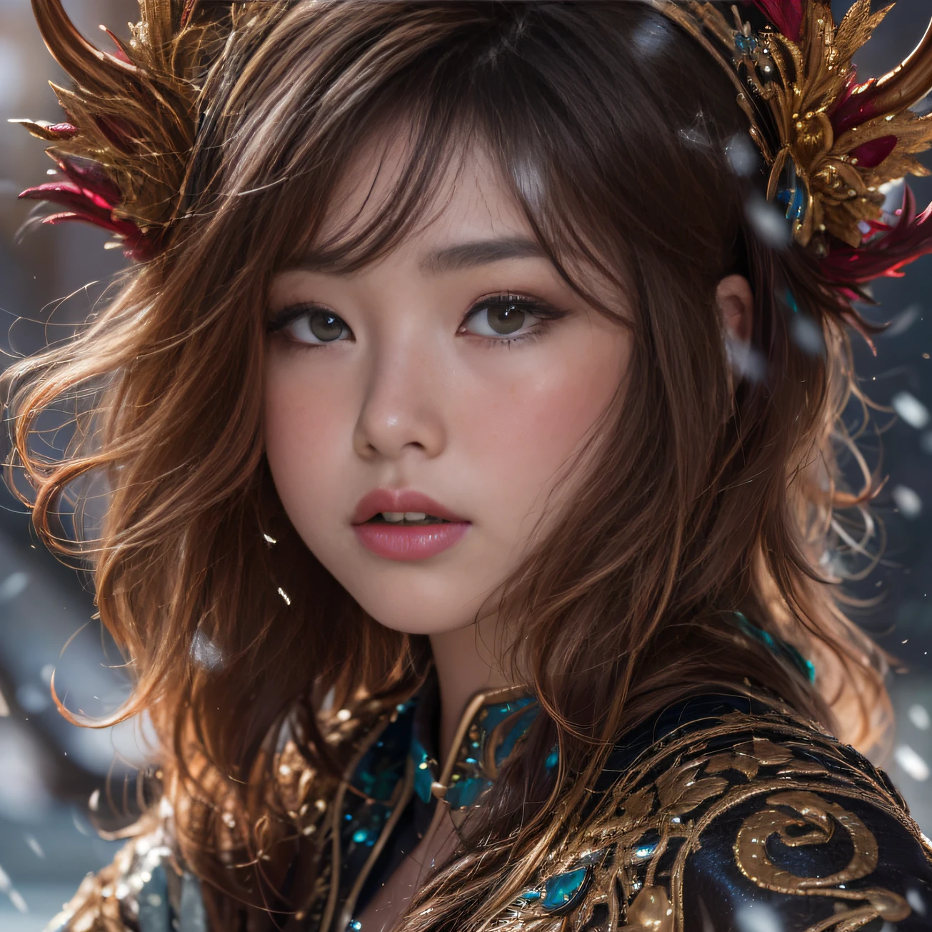 32K gradient glass texture(tmasterpiece,k hd,hyper HD,32K)Short burgundy hair,Short flowing hair,Onsen District,Ice Flame Girl ,Yao Lang protector (realisticlying:1.4),Python pattern robe,Black gold master Kawashima work headdress,Snowflakes fluttering,The background is pure,Hold your head high,Be proud,The nostrils look at people, A high resolution, the detail, RAW photogr, Sharp Re, Nikon D850 Film Stock Photo by Jefferies Lee 4 Kodak Portra 400 Camera F1.6 shots, Rich colors, ultra-realistic vivid textures, Dramatic lighting, Unreal Engine Art Station Trend, cinestir 800,Hold your head high,Be proud,The nostrils look at people,Short burgundy hair