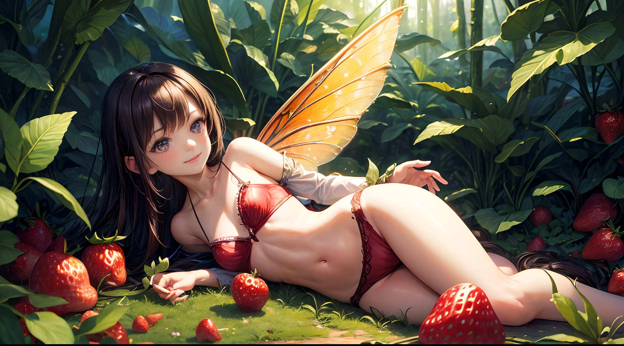 ( Absurd, High quality, ultra-detailed, masterpiece, concept art, smooth, highly detailed artwork, hyper-realistic painting ) , , strawberry girl, Strawberries, cute, whole body, Romantic, Vivid, dreamy, fantasy, fairy wings, in the forest, enchanting glow, very detailed art, reveal clothes, sexy lace underwear, playful, mischievous, smile