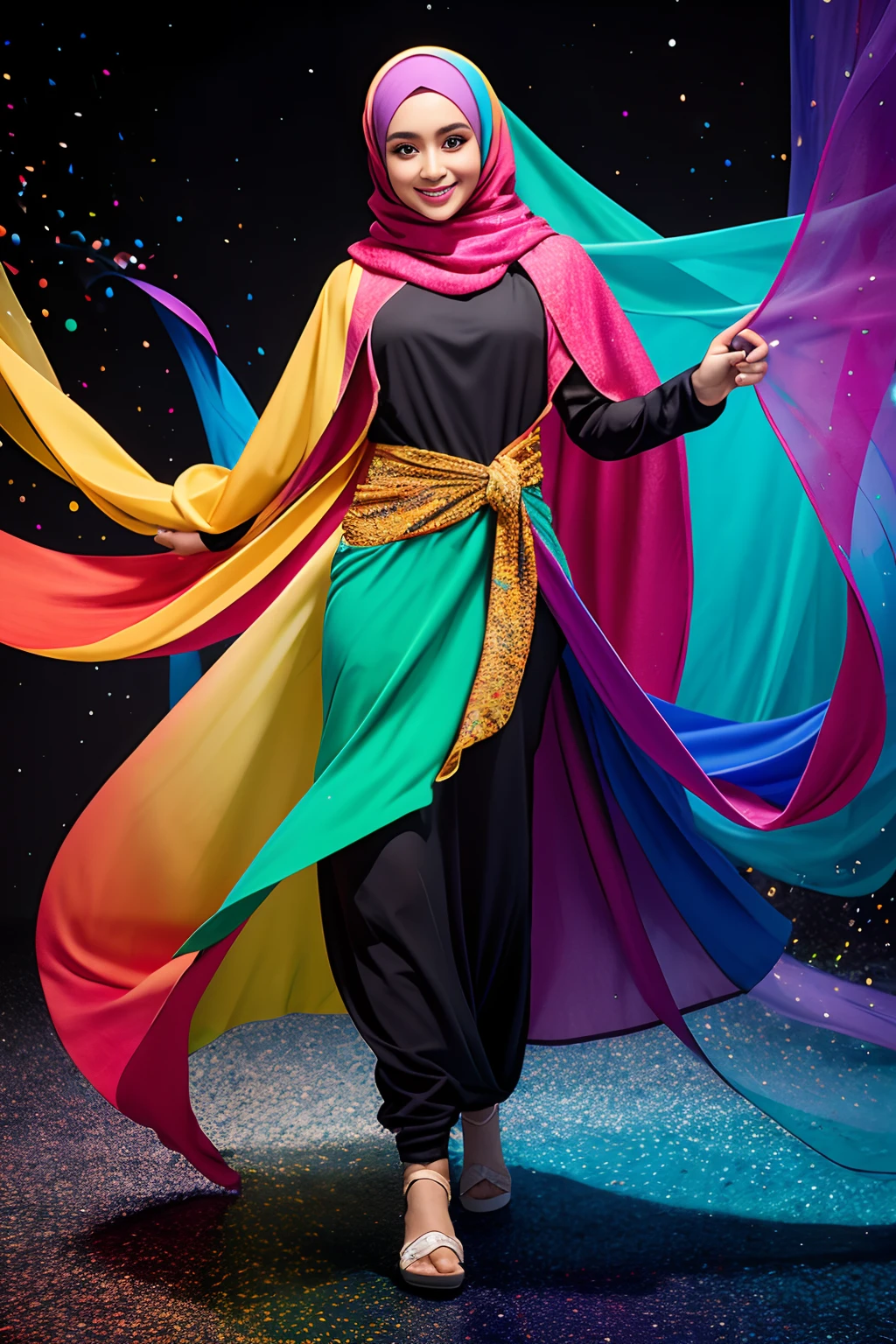 (full body:1.2), (Smokexxx:1.4), 1 malay girl in hijab with really wild hair, (multicolored wavy hijab:1.2), ( Long hijab:1.2), (long wild hair:1.2), (multicolored hijab:1.9 ), wearing a long skirt, high contrast, Epic cinematic, soft studio lights, rim light, Absurd, Amazing, Funny, itricated, hyper detailed, ultra realistic, soft colors, 8k