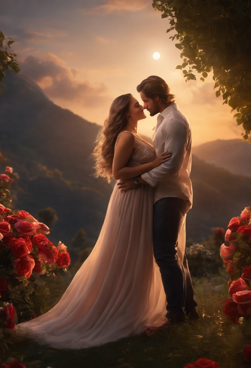 25 YEAR OLD MAN AND PREGNANT WIFE, FAMILY, LOVE, ROMANCE, ROMANTIC, FLOWERS, NIGHTTIME, MOONLIGHT, NATURE, ROSES, NATURE, 8K, detailed matte painting, deep color, fantastical, intricate detail, splash screen, complementary colors, fantasy concept art, 8k resolution trending on Artstation Unreal Engine 5", GOLDEN HAIR, CAUCASIAN, BLUE EYES, Italy