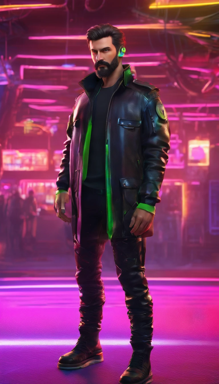 Handsome guy standing in cyberpunk environment with neon in background and putting his hands in pocket wearing black leather jacket and black glass having medium beard and mustache, long hairs.