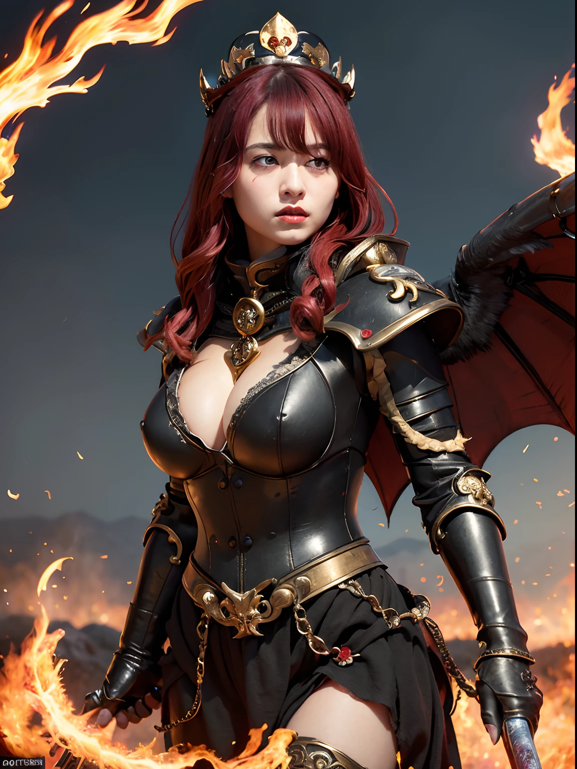 (Bleeding from the head), Professional , masterpiece、top-quality、photos realistic , depth of fields (Gemstone Black Metal Body:1.9),(Matte Black、Toostock、(cleavage of the breast)、((Random Hairstyles 1.6),Dark Fantasy,)explosions、intense fighting、Blood on the face,Blood Rain,Blood fog(blood splattere:1.2),Dragon Gold Weapon,Mystical expression、Particles of light、Fight dragons、(),Gorgeous Silver Weapons ,(( Dragon's dense and gorgeous sword)) ,,Detail and gorgeous crown、((Red hair))、(Castle background)、、((Gangle's forest background))、Beautiful Caucasian beauty、1a person、dynamic ungle,(((Detailed and ornate Black Devil Crown)))、Smaller head、A smile、Castle background、Thin and beautiful female hands、cleavage of the breast、Soldier in iron armor on background、Mystical expression、Light Effects、intense fighting、Wind-effect、magic circles、With the legendary magic wand、(demonic wings)、