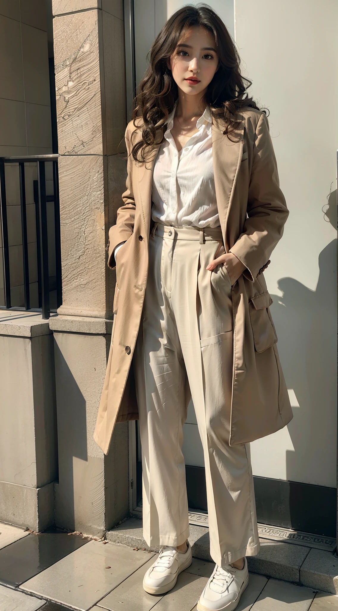 Wavy curly hair，mature，Heavy makeup，Clear flesh-colored pantyhose，wearing shoes，shorter pants，Manteau