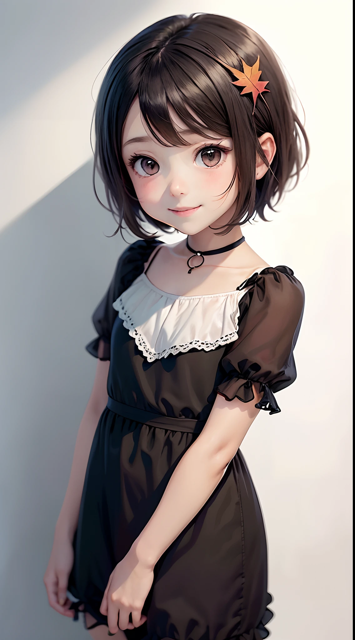 A child girl, anime, clear skinn, black short hair, brown eyes, wearing a frock, cute, blush, smile, background is a wall with leaf , half body, smooth, detailed, high quality