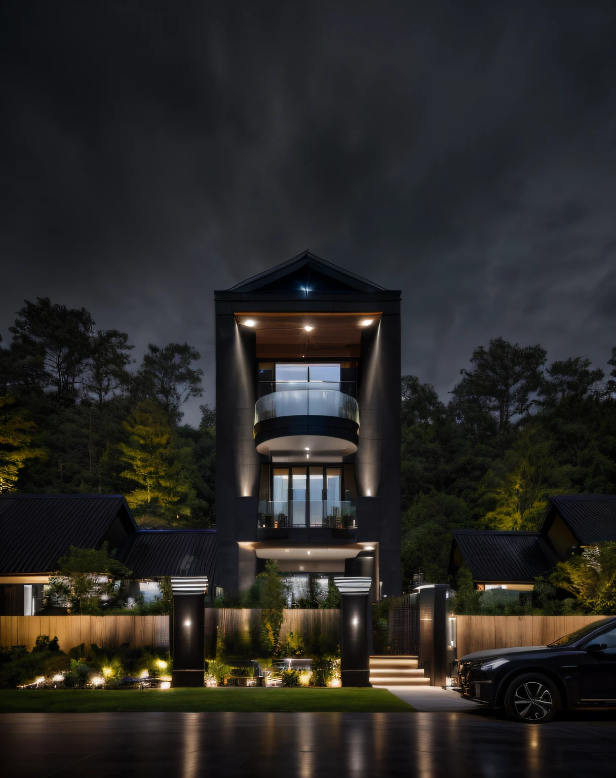 mordenhouse, house, glass house with a sloping roof, modern, dynamic (RAW photo, real, best quality, masterpiece:1.2), (hyper realistic, photo-realistic:1.2), high quality, (dark lighting:1.2), perfect lighting, archdaily