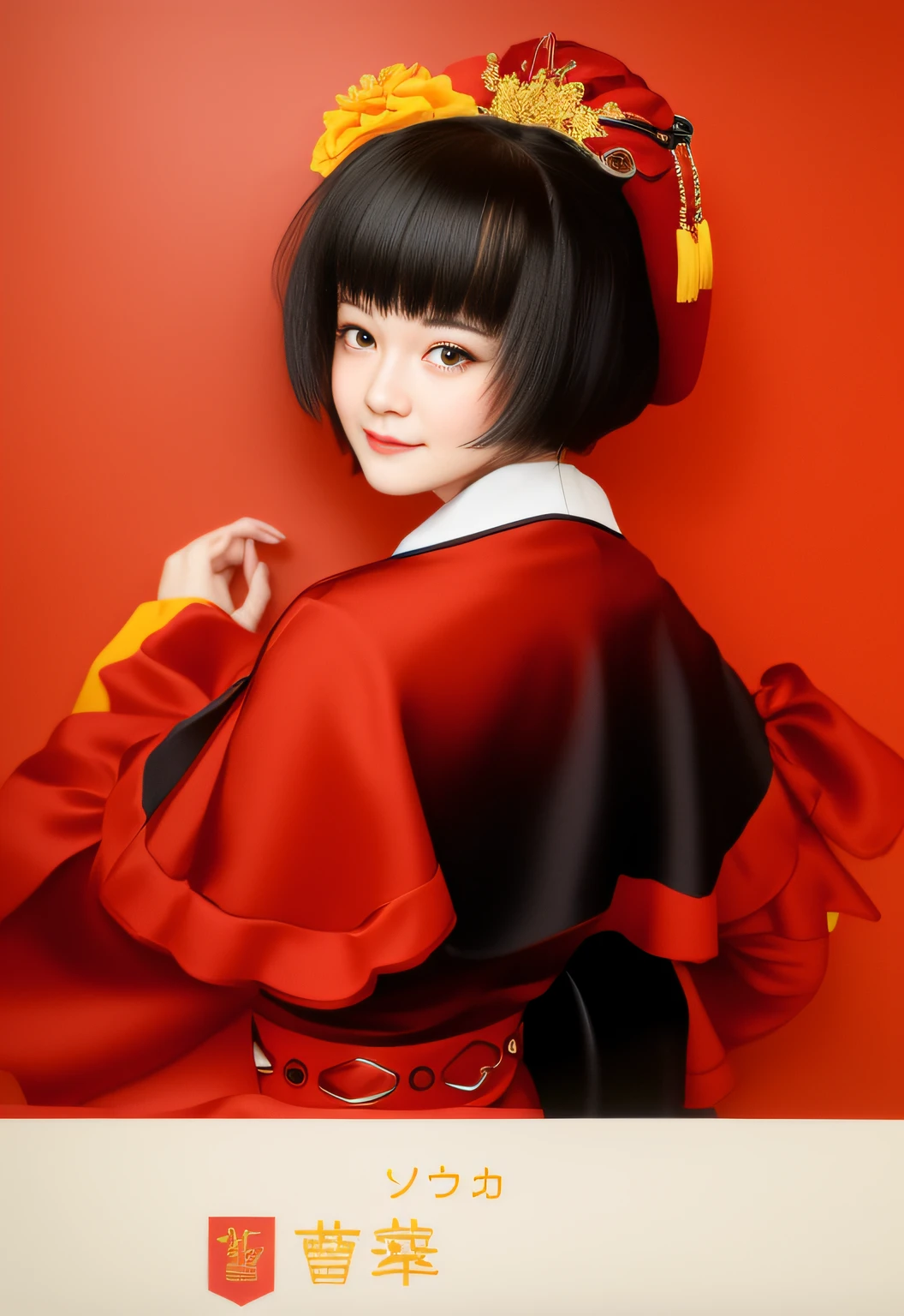 Close up portrait of smiling girl with black hair in red and yellow dress