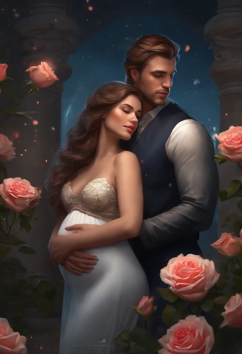 25 YEAR OLD MAN AND PREGNANT WIFE, FAMILY, LOVE, ROMANCE, ROMANTIC, FLOWERS, NIGHTTIME, MOONLIGHT, NATURE, ROSES, NATURE, 8k resolution concept art portrait by Greg Rutkowski, Artgerm, WLOP, Alphonse Mucha dynamic lighting hyperdetailed intricately detailed Splash art trending on Artstation triadic colors Unreal Engine 5 volumetric lighting", K, CAUCASIAN, BLUE EYES, Italy