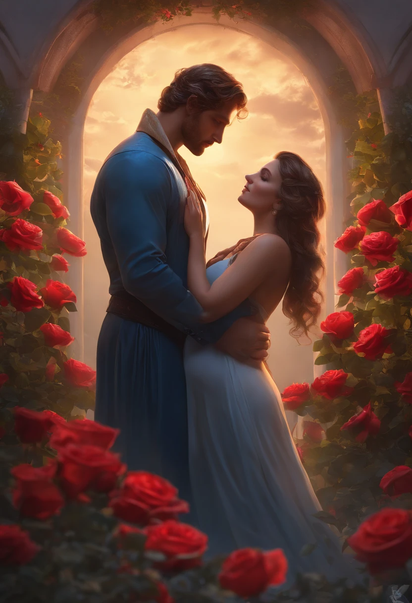 25 YEAR OLD MAN AND PREGNANT WIFE, FAMILY, LOVE, ROMANCE, ROMANTIC, FLOWERS, NIGHTTIME, MOONLIGHT, NATURE, ROSES, NATURE, 8k resolution concept art portrait by Greg Rutkowski, Artgerm, WLOP, Alphonse Mucha dynamic lighting hyperdetailed intricately detailed Splash art trending on Artstation triadic colors Unreal Engine 5 volumetric lighting", K, CAUCASIAN, BLUE EYES, Italy