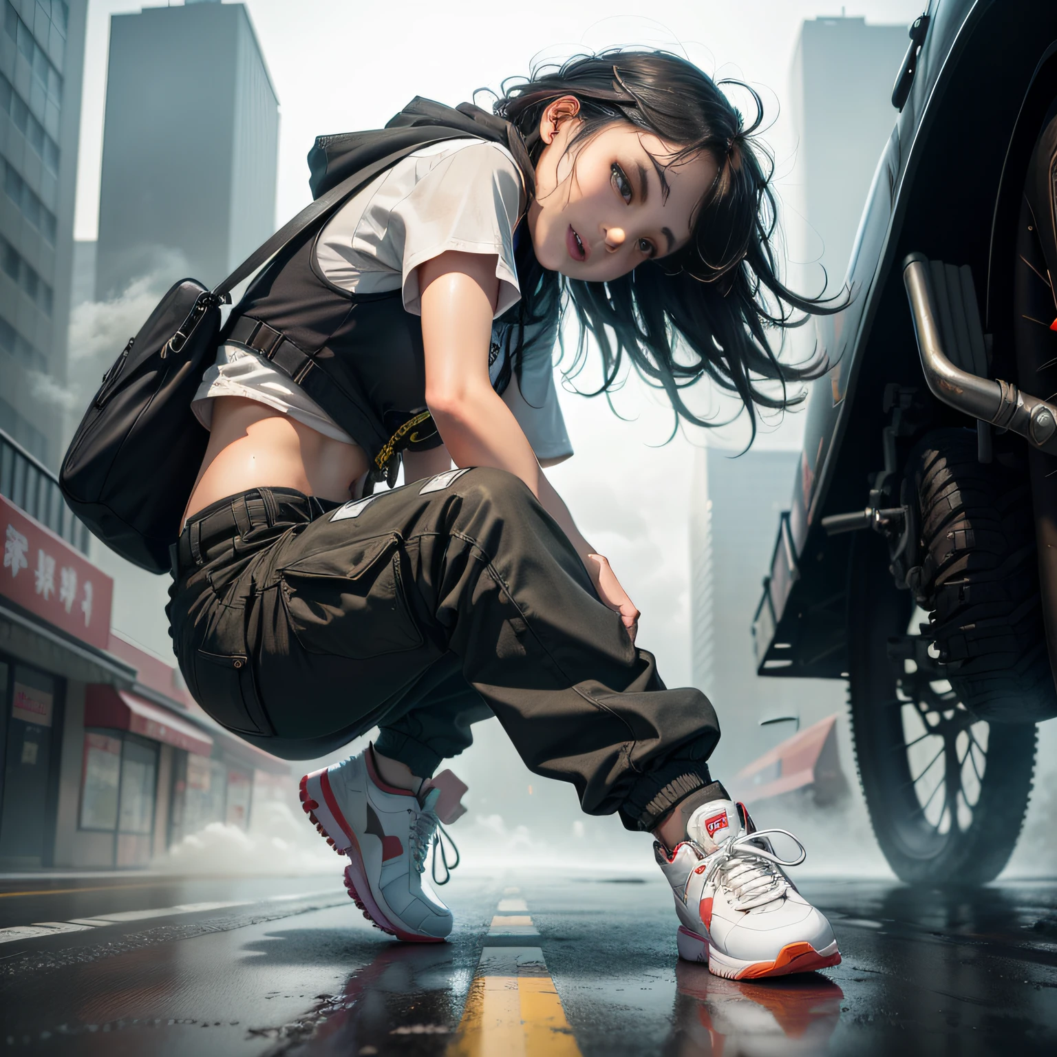 Dance、Artistic jump、break dance、Strenuous movements、vibrancy、Cyberpunk Style、Blade Runner vibe、Steam flows from exhaust outlets on the road surface、The road surface is wet、独奏、Fluttering hair、Cute Baby Turtle、Beautuful Women、a small face、white skinned、hason、young 17 years old、Bright smile、Half-open mouth、White teeth are visible、(Gradient of black-red hair、Long messy hair)、(cargo pants、vests、White sneakers)、(delicate detailed fingers、Detailed body、detailed arms、human hand)、(Detailed face) 、(8K、top-quality: 1.4、tmasterpiece、 hyper HD、 Top resolution,、The is very detailed、 profesional lighting、 Gray light illumination、low angle from below、Blow steam into the landscape、Fog in the landscape、Foggy、
