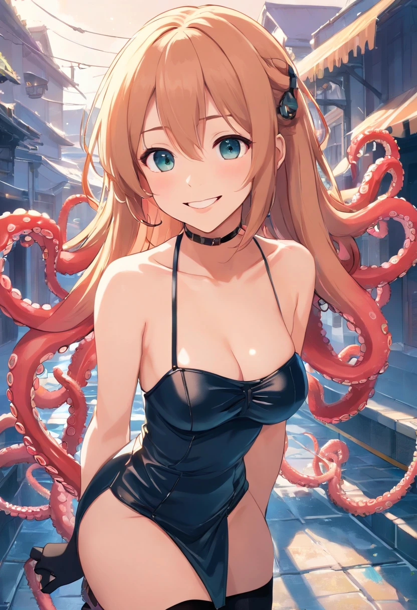 tmasterpiece,Best quality,HighestQuali,cinematic Film still from,Solo,darkly,darkly,Dark atmosphere,(Terrifying atmosphere:1.15),(European Middle Ages:1.25),(looking at viewer,upper body:1.4),(There are many large tentacles in the background,Smooth tentacles:1.3),(one pretty woman,Smile with your mouth closed,Bigchest,Wear only a bandeau dress and black stockings,Leather shoulder strap:1.3),(Extremely clear and delicate eyes,Extremely clear and delicate hair,Fine face,Fine garment materials:1.25),depth of fields