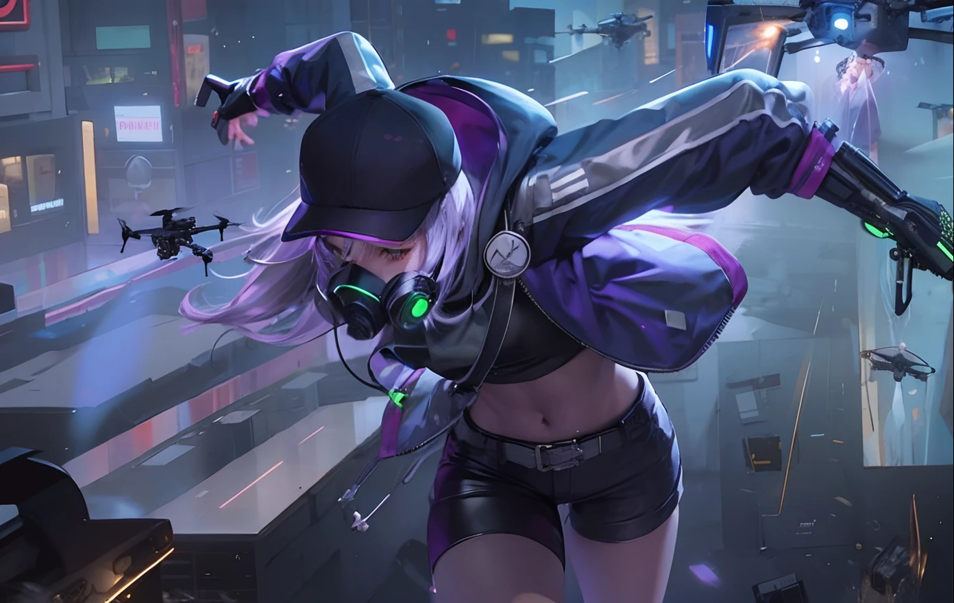 1 girl, purple jacket, silver hair, black tanktop, wearing gass mask, cap, drone aroaund