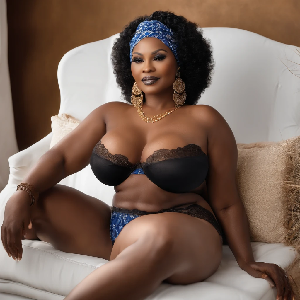 (Beauty shot:1.3)real photo of a beautiful 60 jears old black woman, with a blue head scarf, wearing kente dress, Female,black female, Solo, Huge Breasts, Glamour, Realistic Skin, Realistic Face, Wild, Bossy, Cradle, Crouching, Spread Legs, (Sexy Lingerie ), black lingerie, (see-through lingerie), lace lingerie, (breasts and vaginal lips are visible through underwear: 1.5), and areolas are clearly visible: 1.3), short caramel-colored hair , excited, provocative, ecstasy(beautiful detailed eyes), (best quality), (super detailed), (masterpiece), (wallpaper), (detailed face), solo, (dynamic pose), 1 , 60 jears old black woman,black wavy hair on the chair, , heterochromic eyes, small moles under the eyes, ((short apron)), medium breasts, long legs, tightens abs, (camel toes), (), (no bra),(ultra full hd), (extremely highly detaild), (award winning masterpiece).64k)), by ray dozy