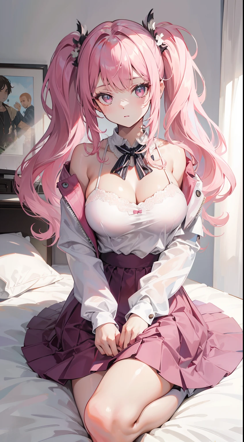 décolleté,white camisole,Pink white coat