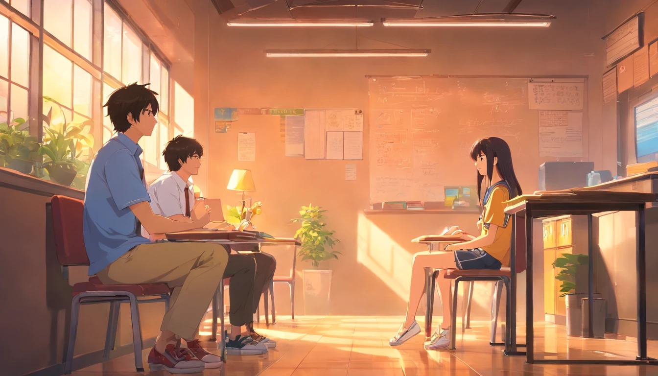 Home、Male and female high school couples、A dark-haired、Sit down and discuss、Use light colors for the background、during daytime.Express a fun atmosphere